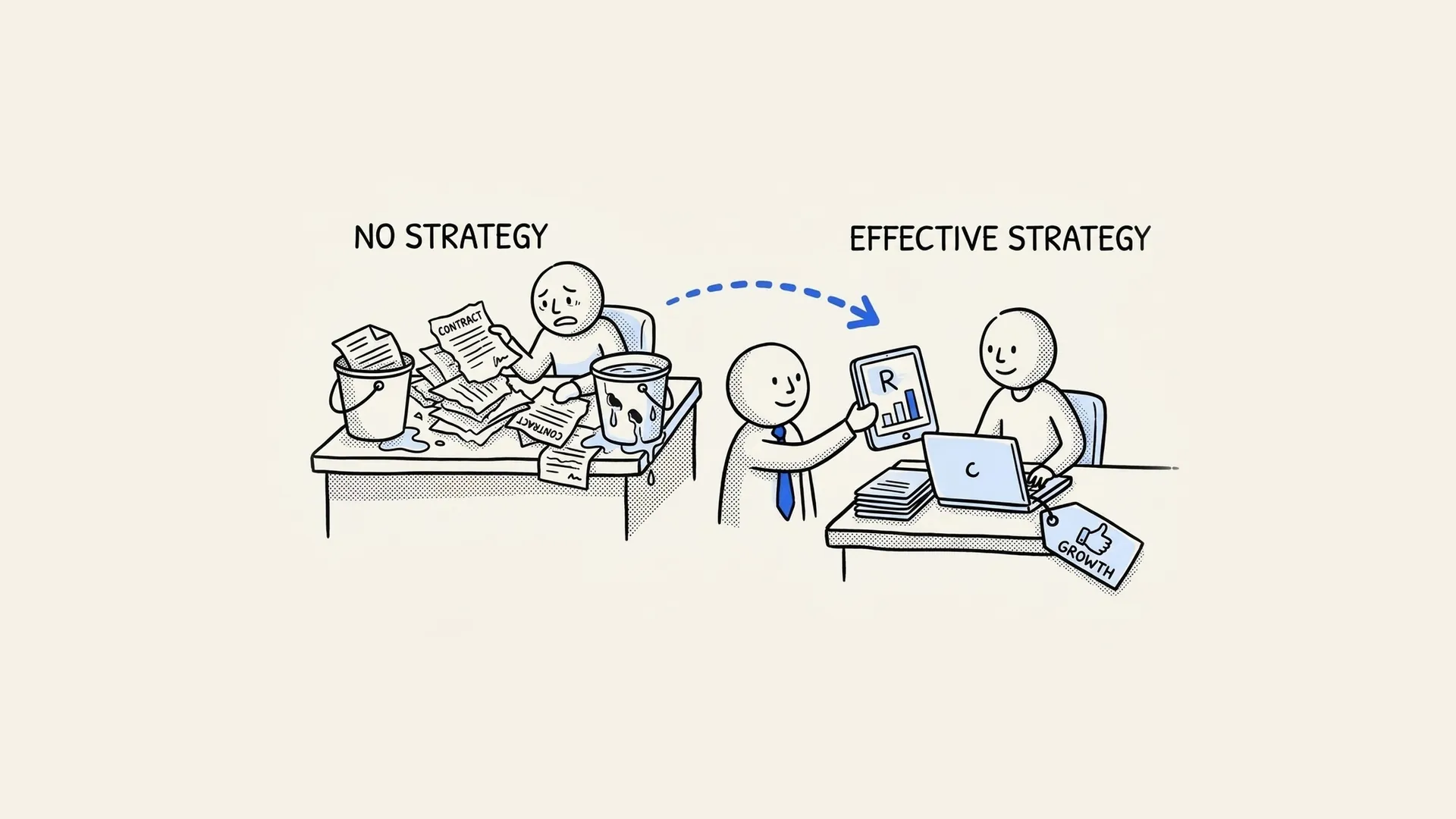 Hand-drawn contrast between a messy desk with no renewal strategy and a clear, effective renewal strategy.