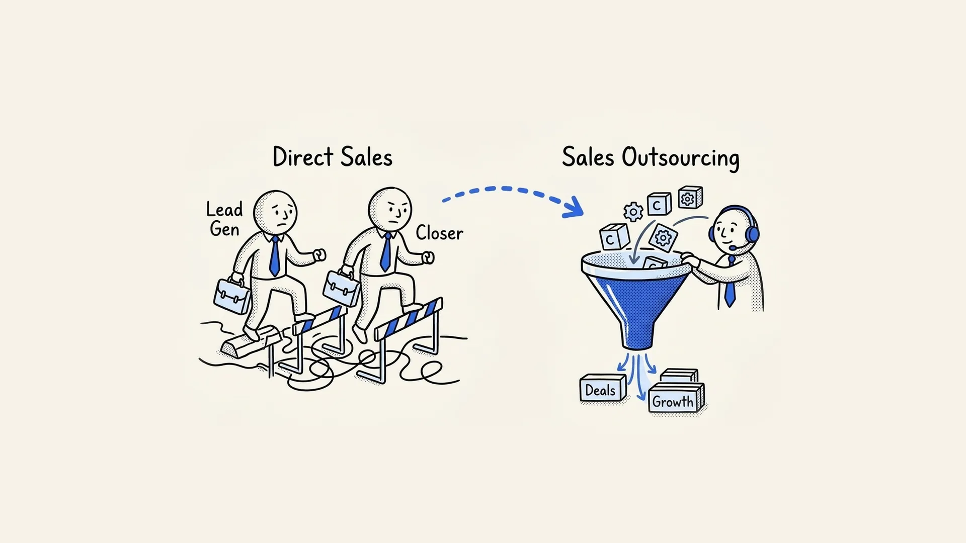 Hand-drawn comparison of a direct sales team handing off leads and an outsourced sales funnel producing deals and growth.