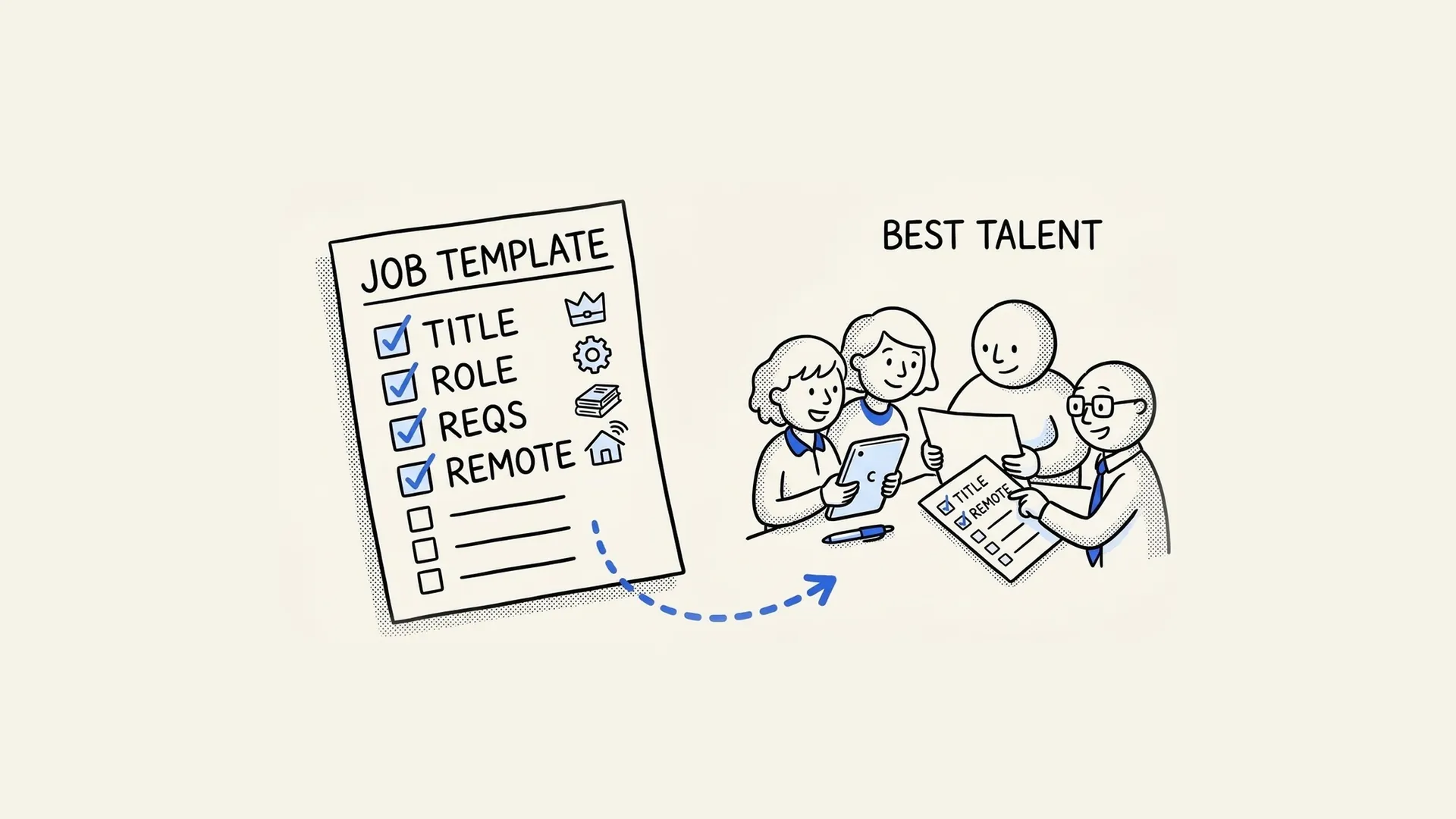 Hand-drawn job description template with title, role, requirements and remote work attracting the best talent.