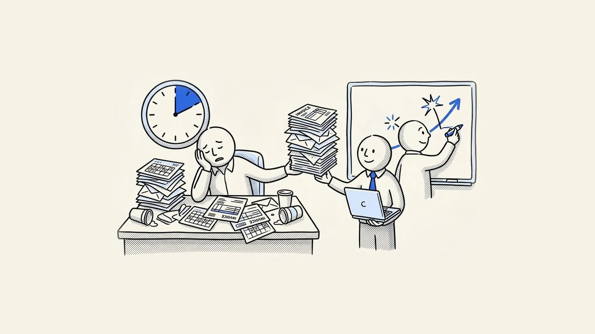 Hand-drawn founder buried in invoices and calendars handing the admin work to an assistant, with a clock giving hours back.