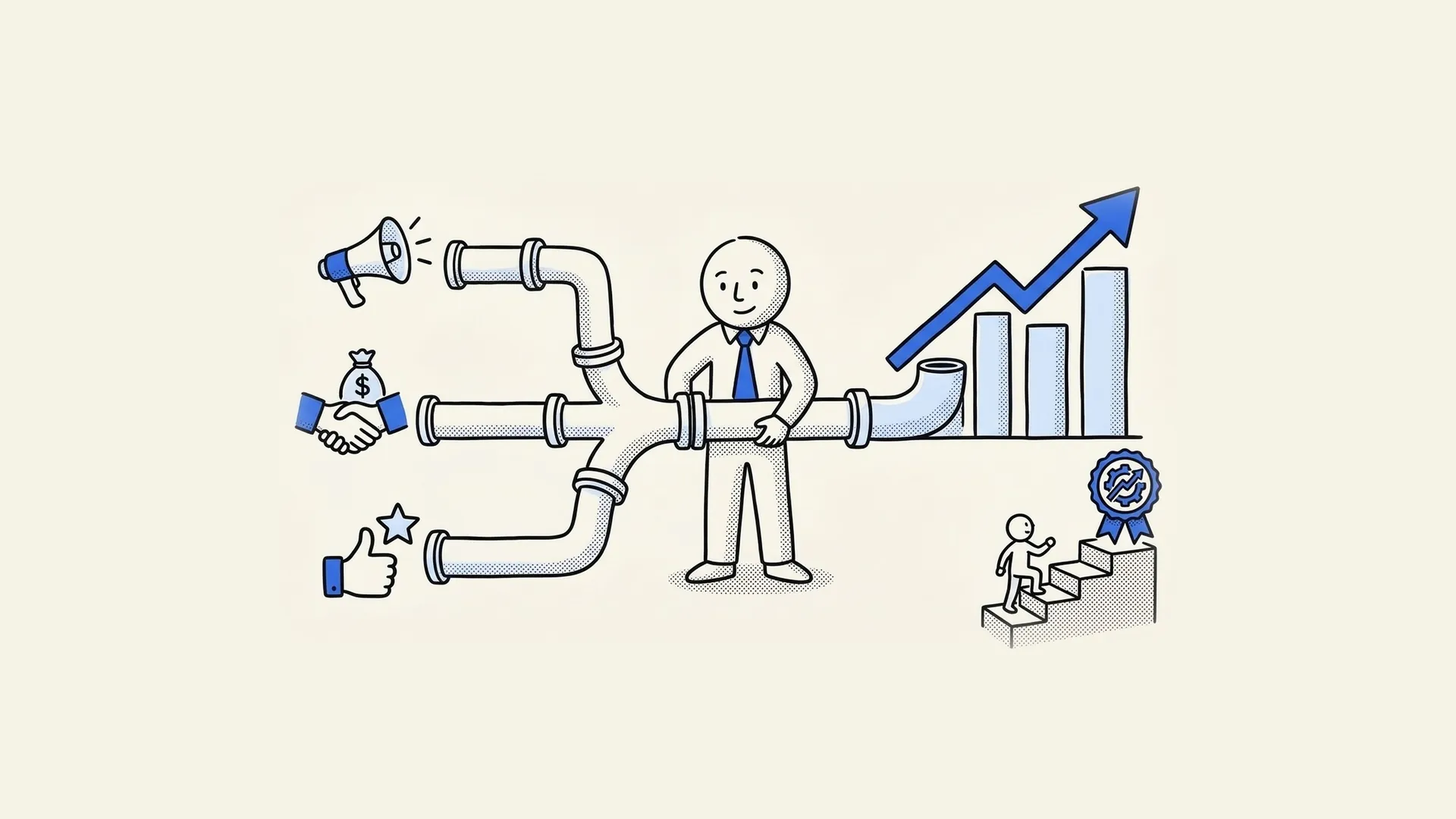 Hand-drawn revenue operations manager joining marketing, sales and customer success pipes into one revenue pipeline, next to a career staircase.