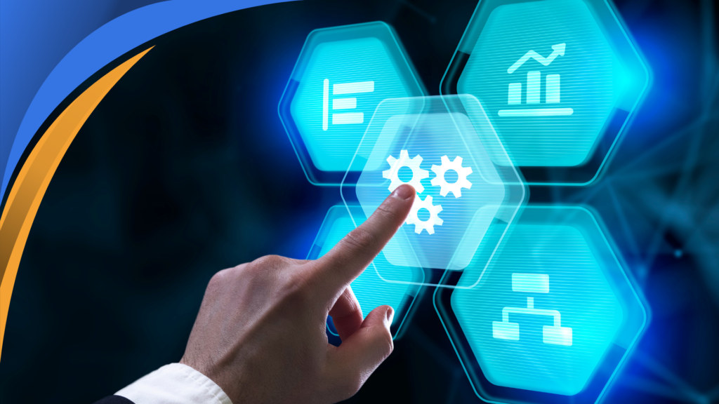 Hand selecting a gear icon among hexagons for analytics, charts and workflows, representing sales automation tools