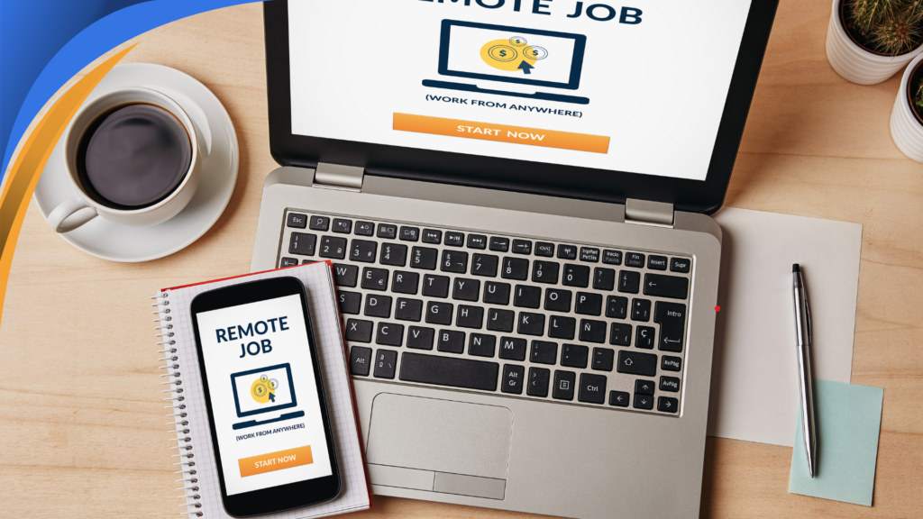 Laptop and smartphone screens showing a remote job posting