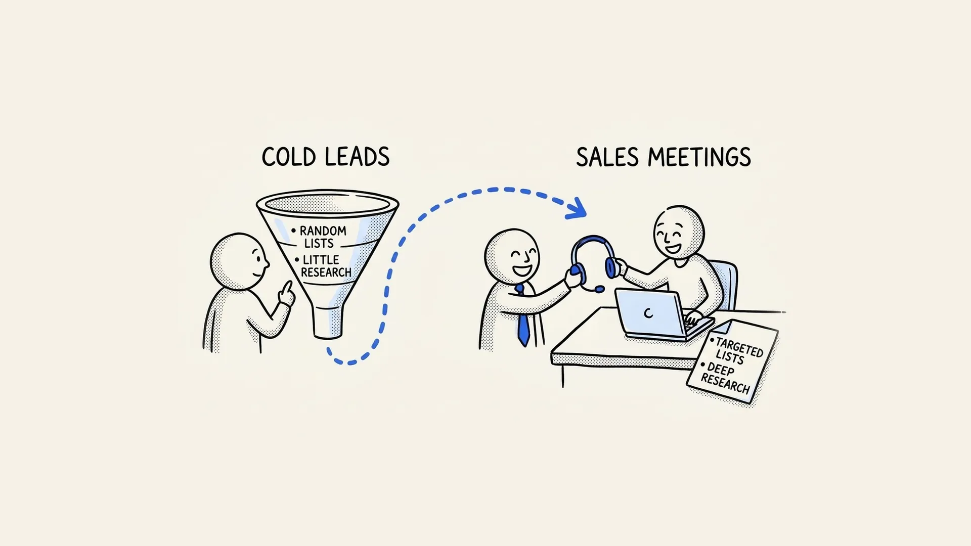 Hand-drawn illustration of cold leads going through a funnel and turning into booked sales meetings.