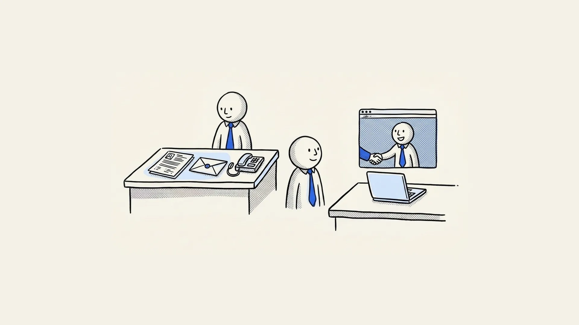 Hand-drawn candidate preparing a resume and cover letter, then shaking hands with an interviewer on a video call.