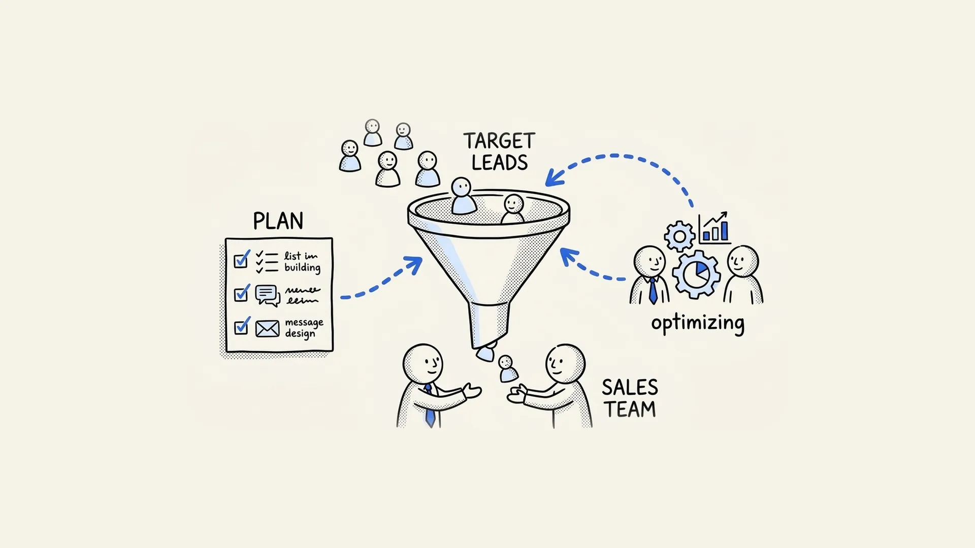 Hand-drawn funnel turning a campaign plan and target leads into conversations for the sales team, with a loop for optimizing.