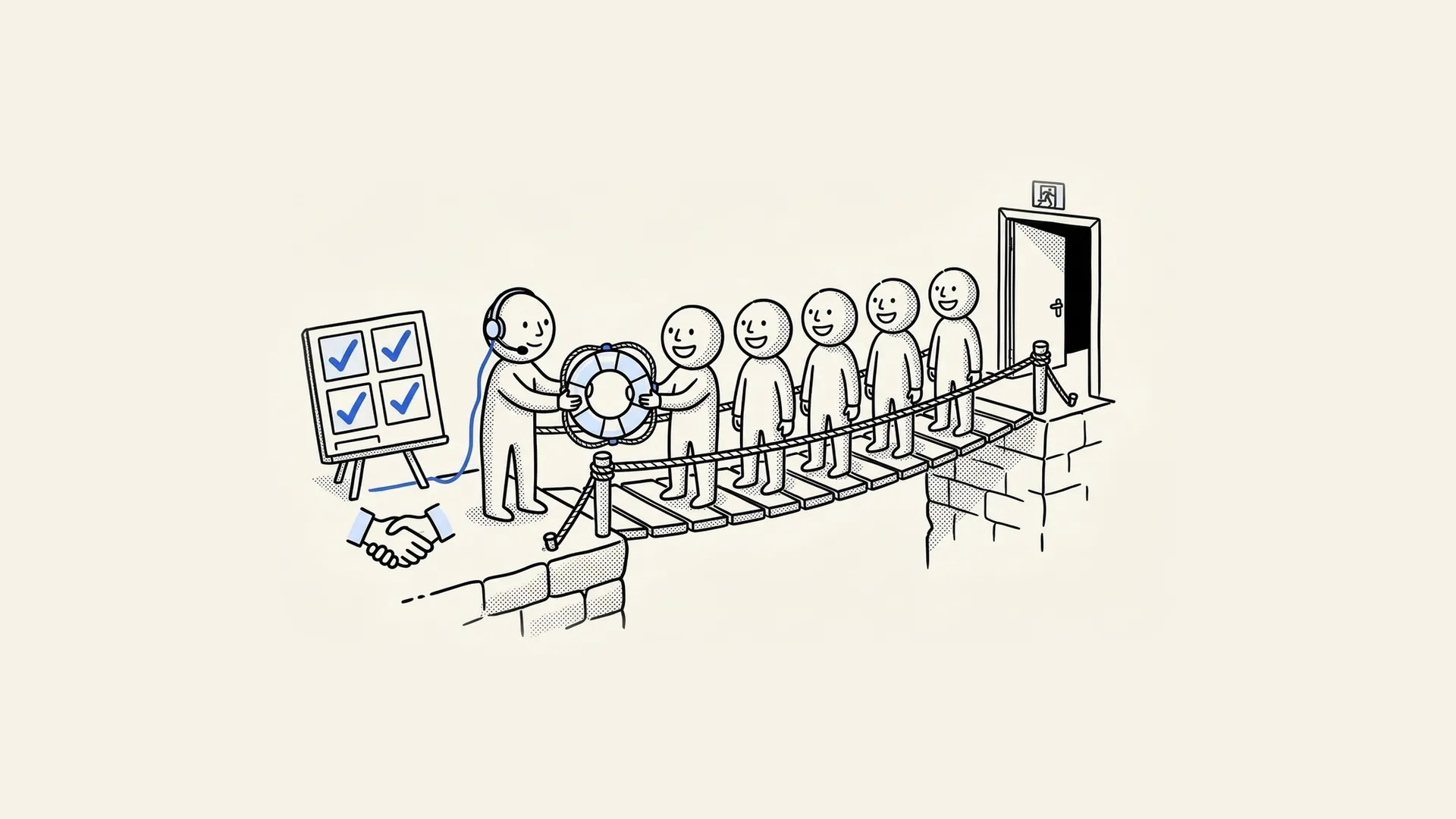 Hand-drawn customer success rep on a bridge handing a lifebuoy to customers before they reach the exit, with a customer health board.