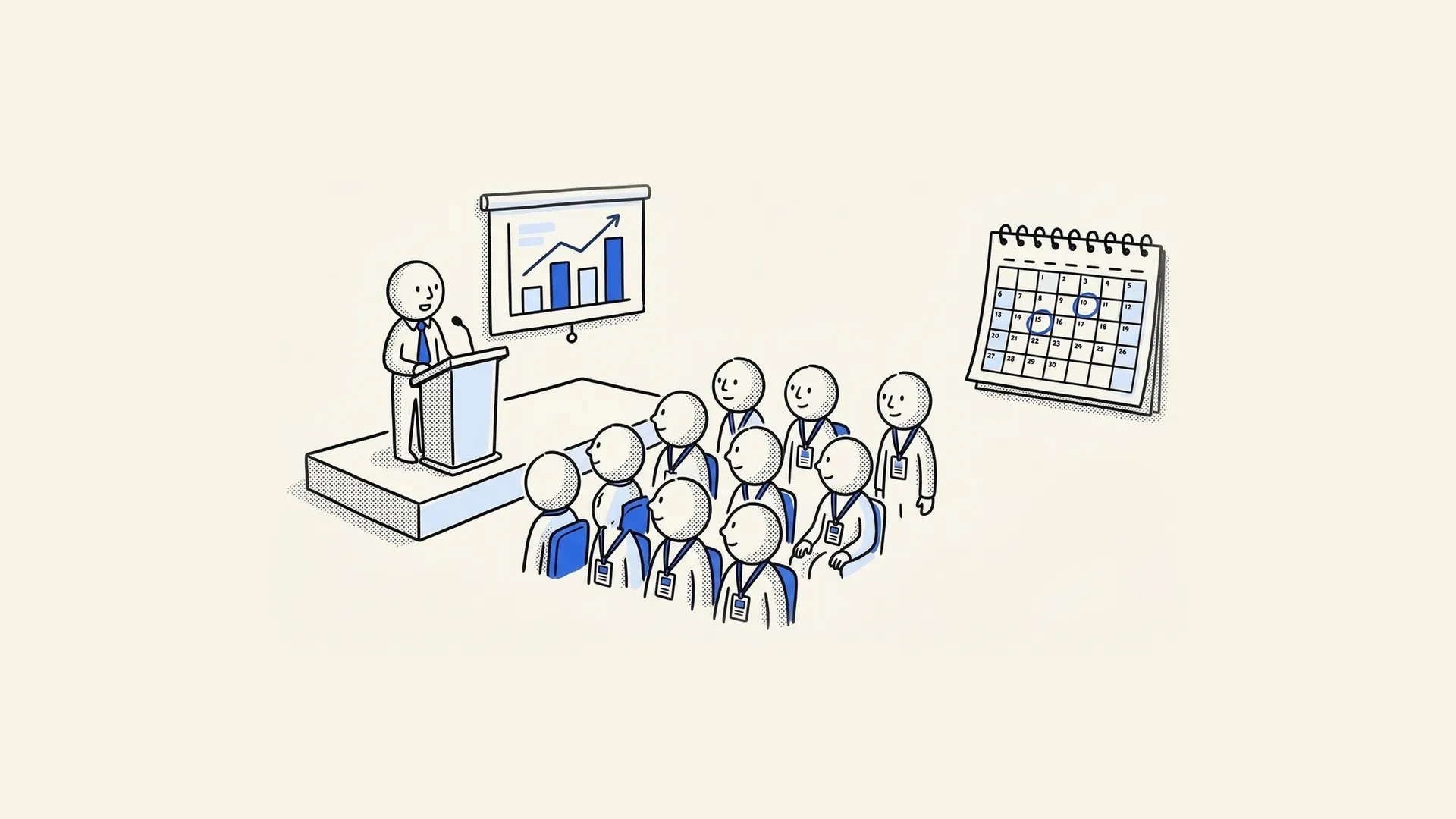 Hand-drawn B2B conference with a speaker on stage, attendees wearing badges and a calendar with event dates circled.