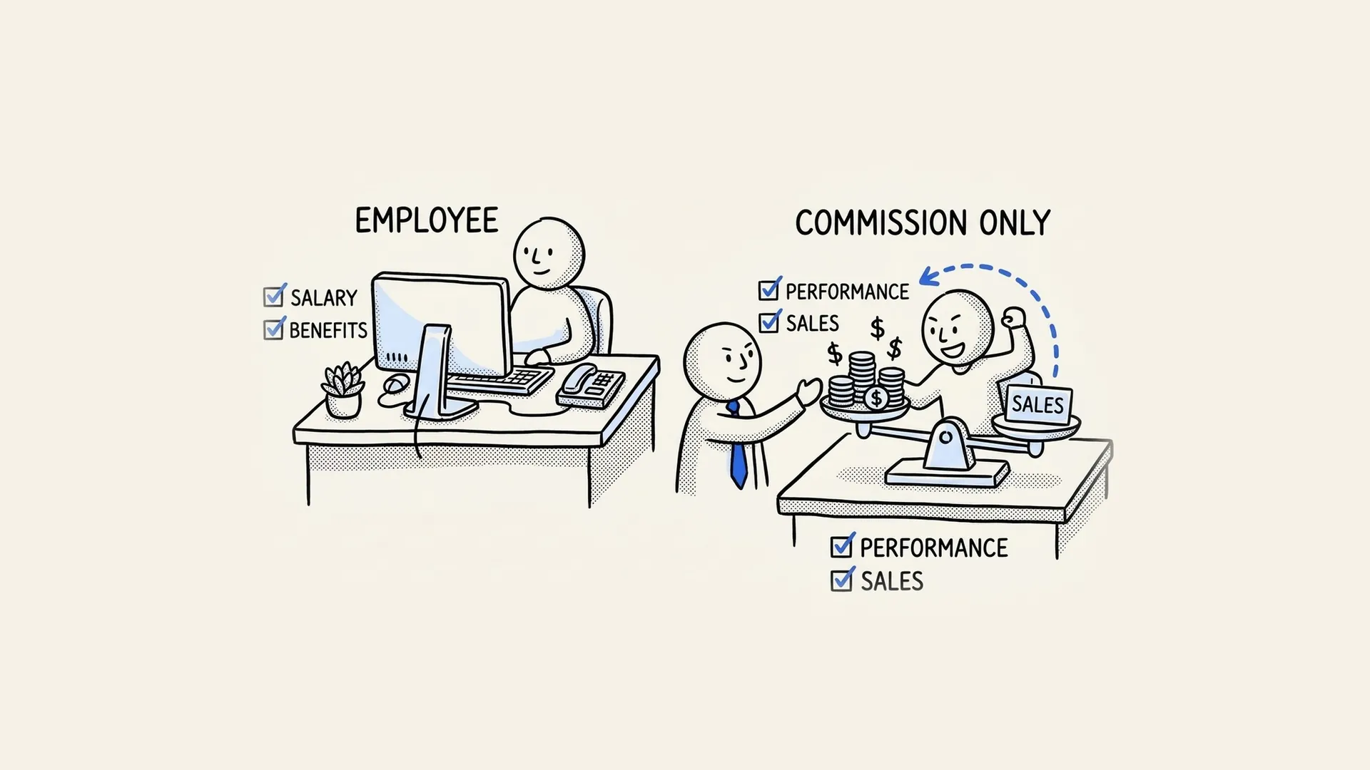 Hand-drawn comparison of a salaried sales employee and a commission-only rep paid on performance.