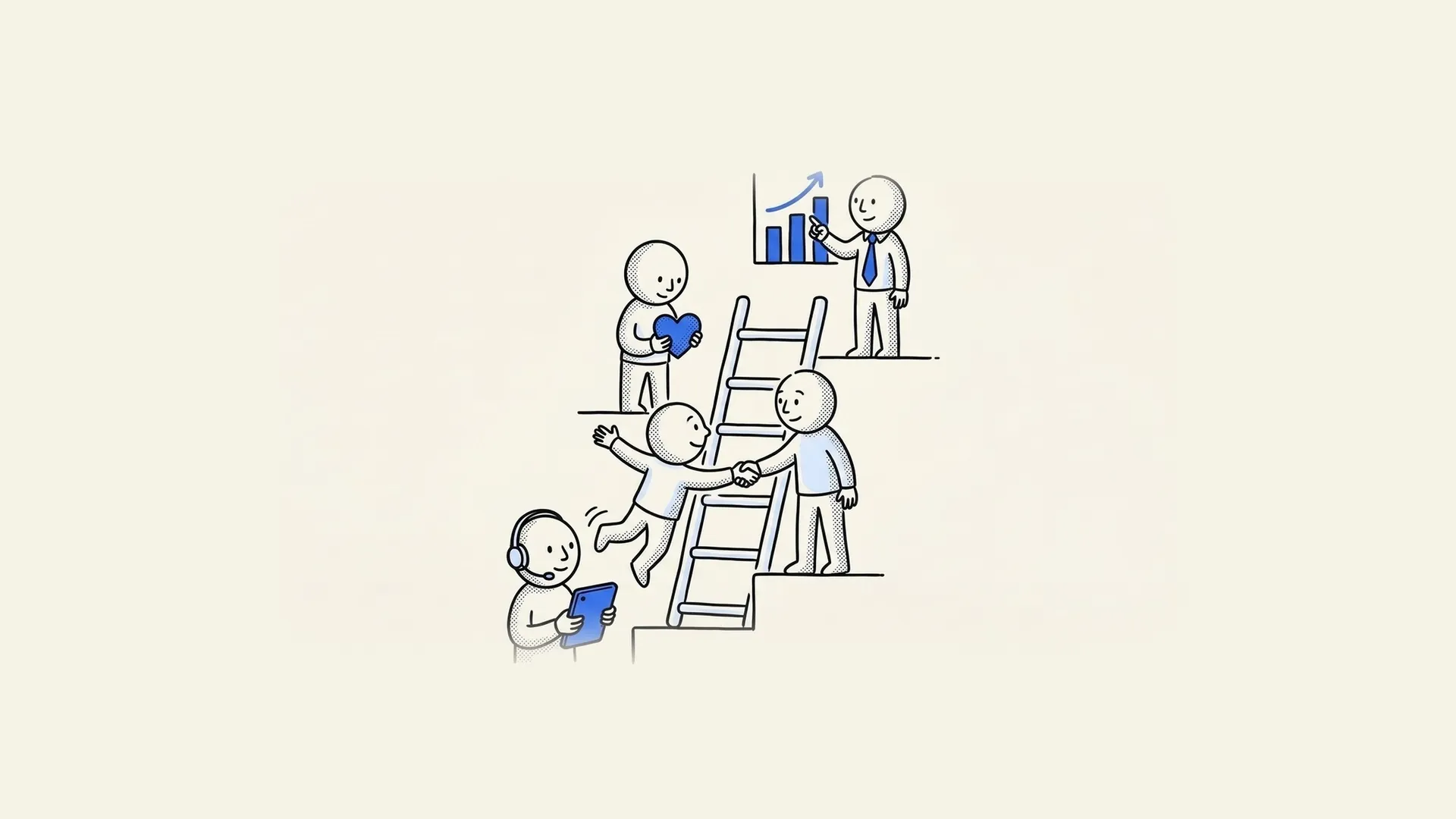 Hand-drawn ladder of sales roles, from a junior rep with a headset to an account executive, a customer success rep and a sales manager.