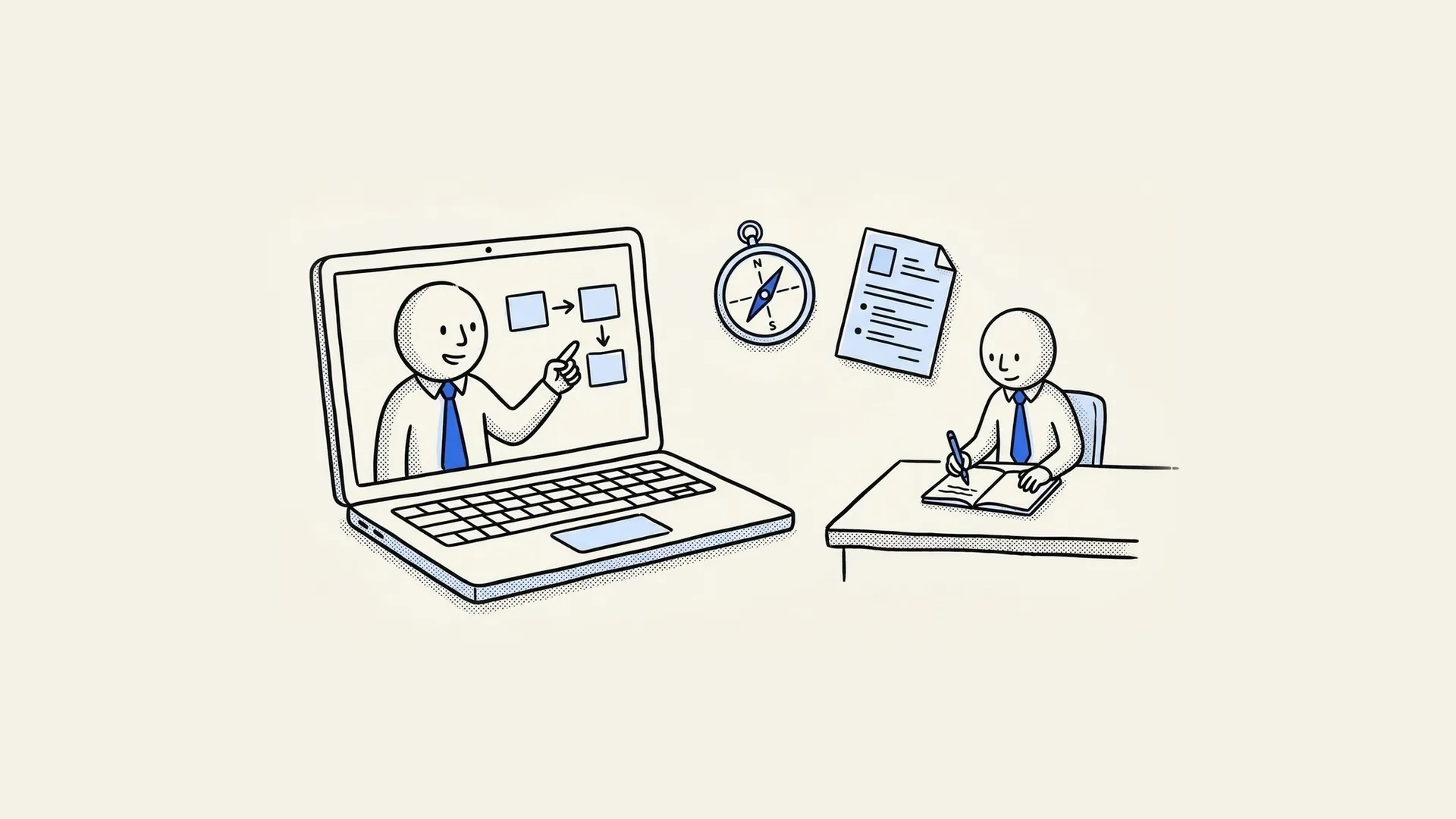 Hand-drawn career coach on a video call walking a remote job seeker through a job search plan while they take notes.