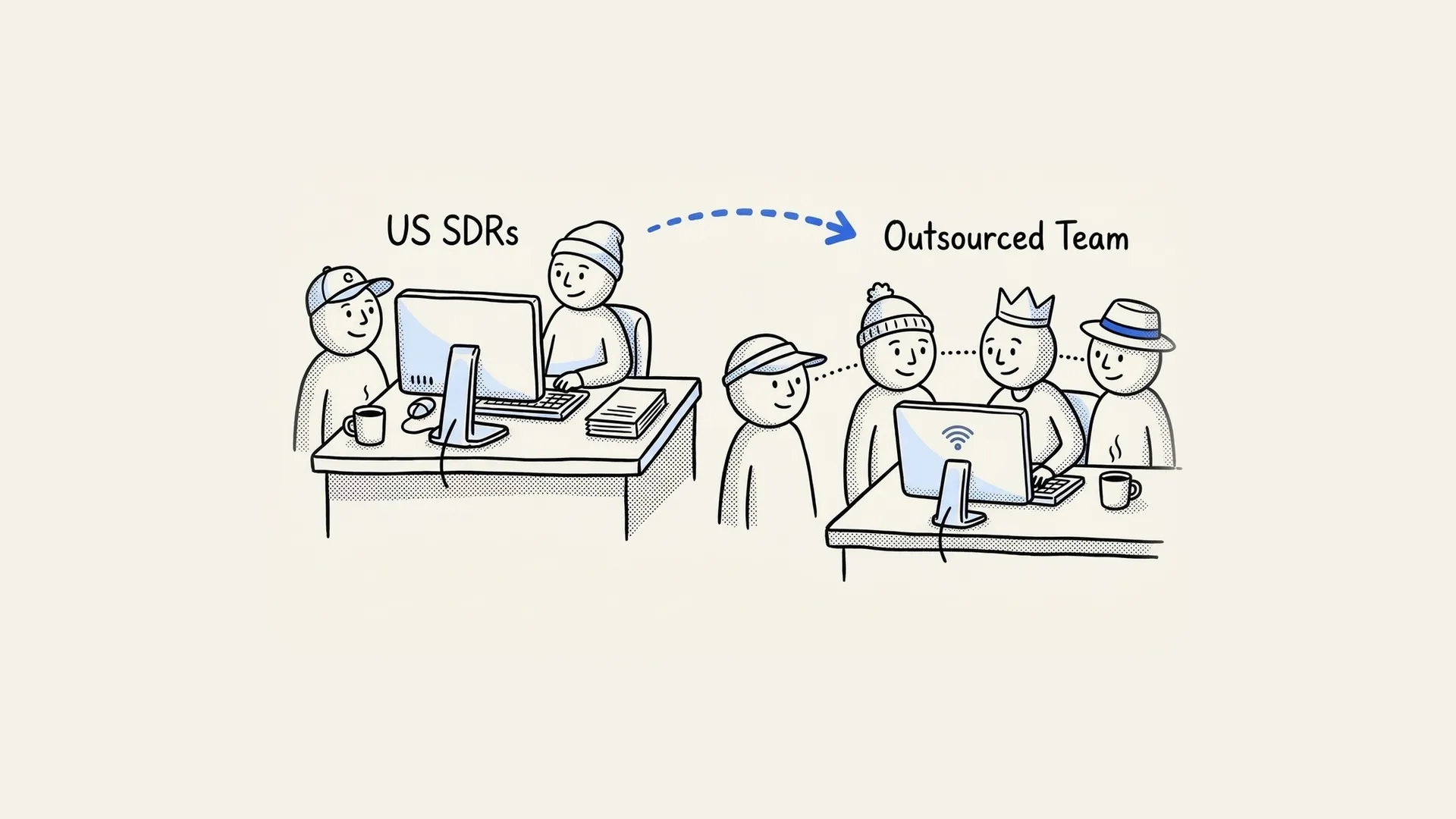 Hand-drawn illustration of US SDRs at a desk next to an outsourced SDR team working together.
