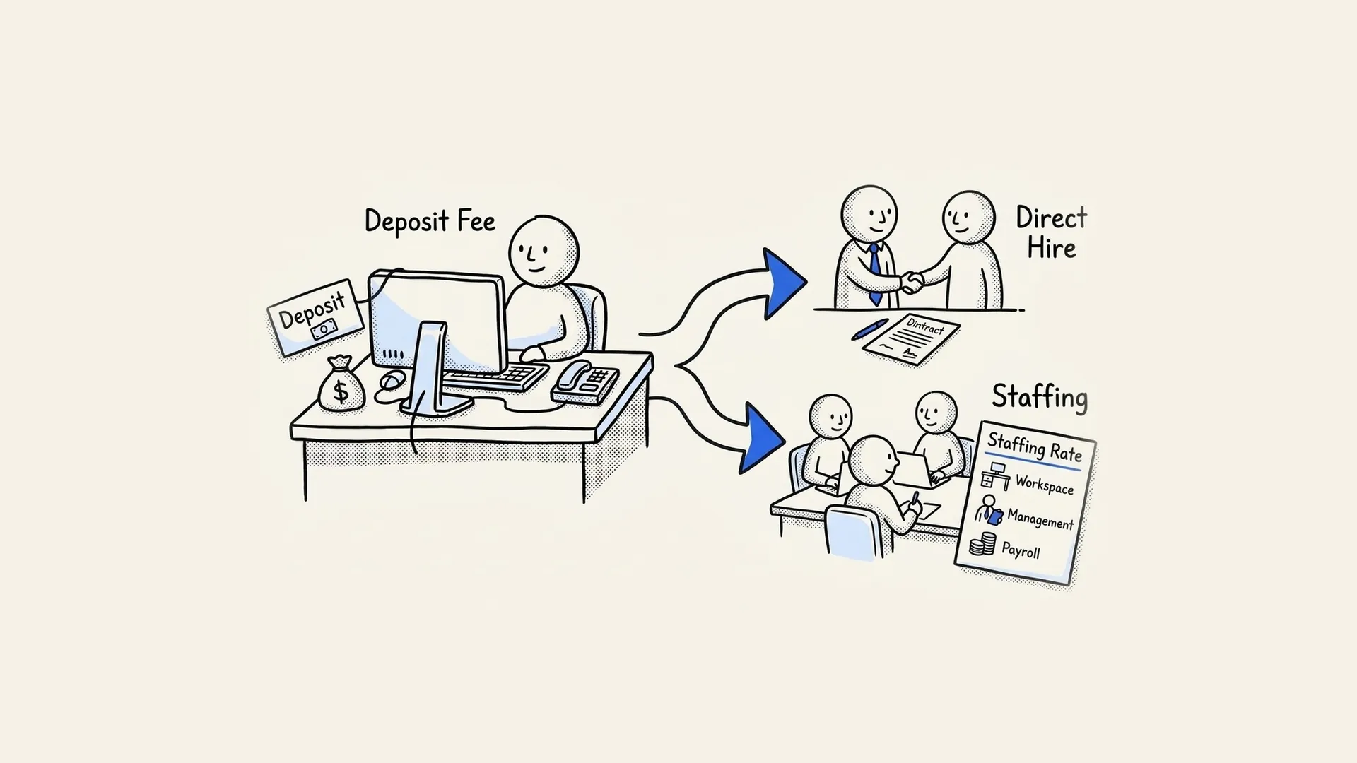 Hand-drawn diagram of a deposit fee leading to two options: Direct Hire or Managed Staffing with a monthly rate.