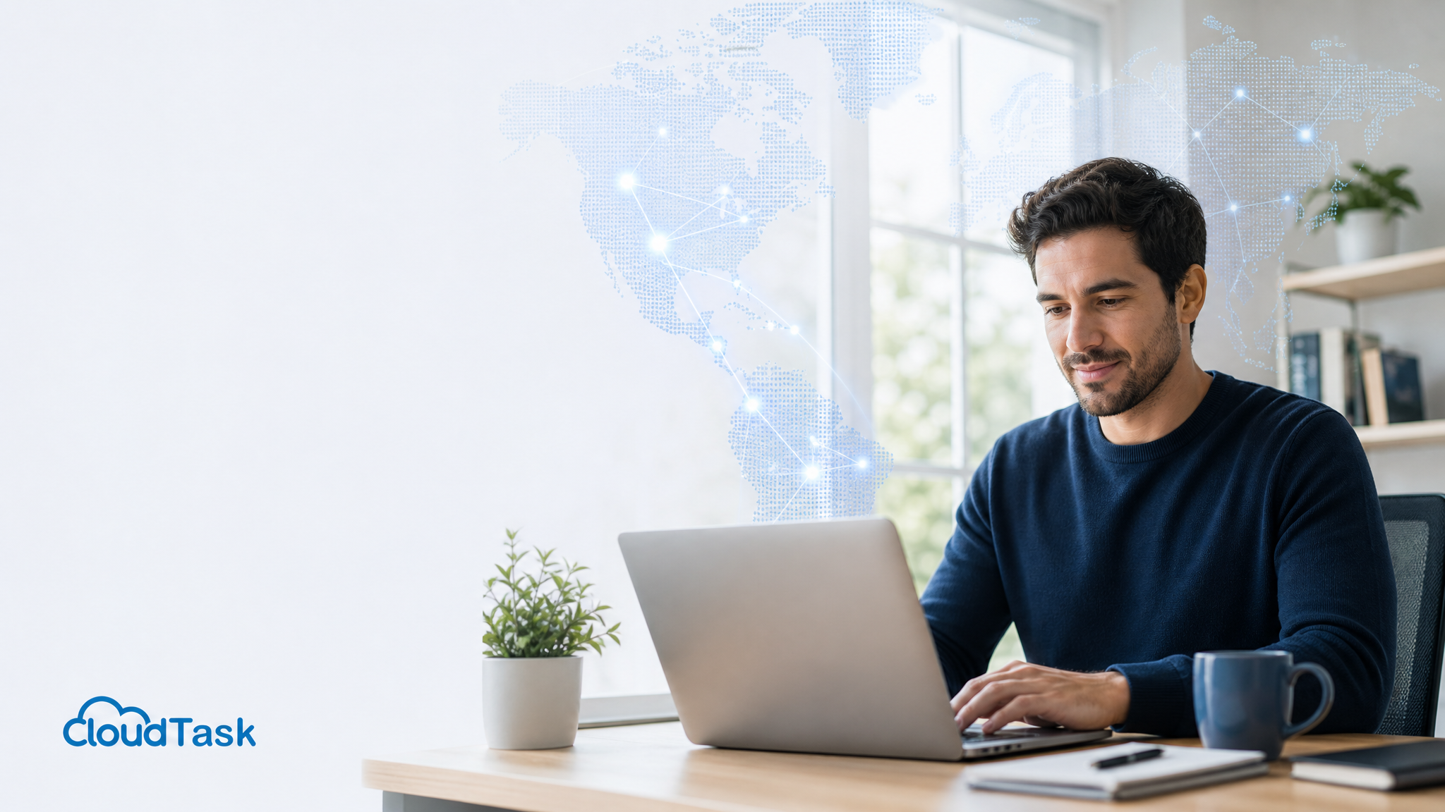 A founder-style professional works at a laptop with a glowing world map overlay symbolizing a remote talent marketplace connecting startups to global talent