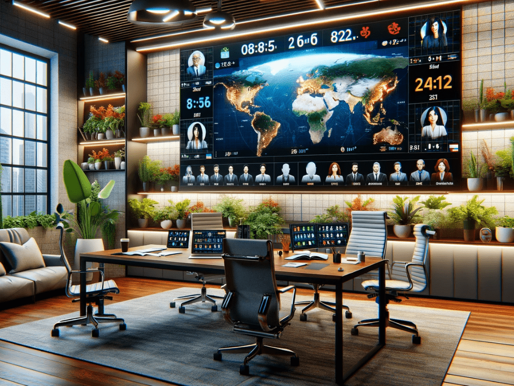 Image of an office, remote employees on camera/ screen depicting various timescapes.