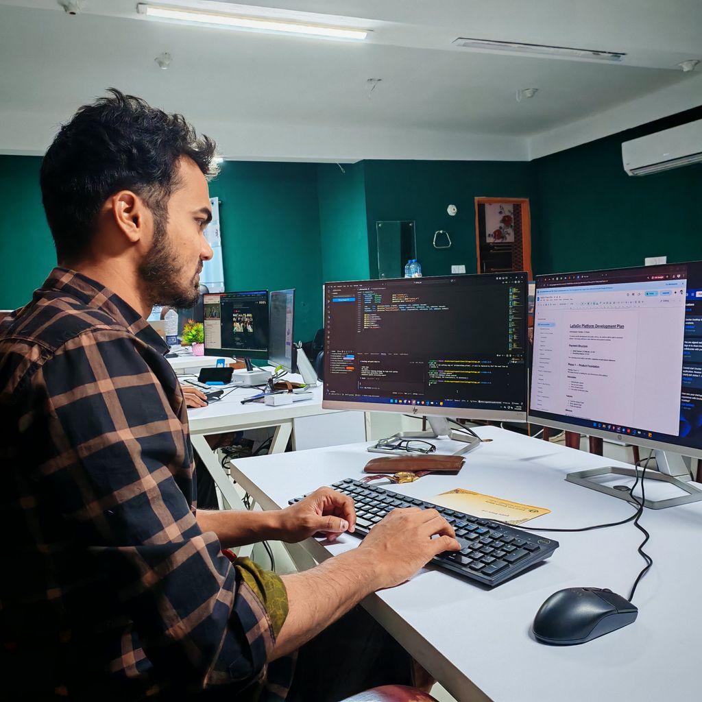 A software developer working at a desk with multiple monitors