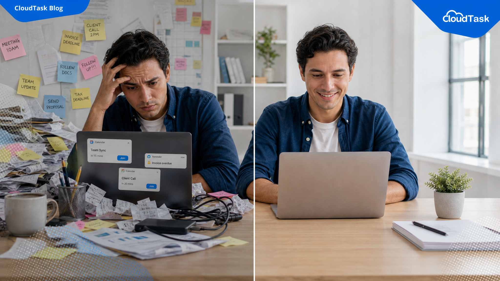Split-screen illustration: stressed founder at a cluttered desk versus the same founder calm at a clean organized workspace after delegating operational tasks