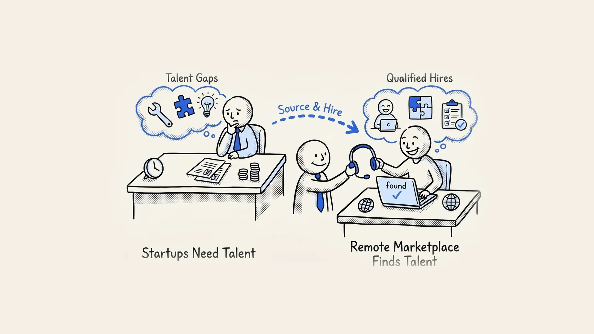 Hand-drawn illustration of a startup with talent gaps finding qualified hires through a remote talent marketplace.