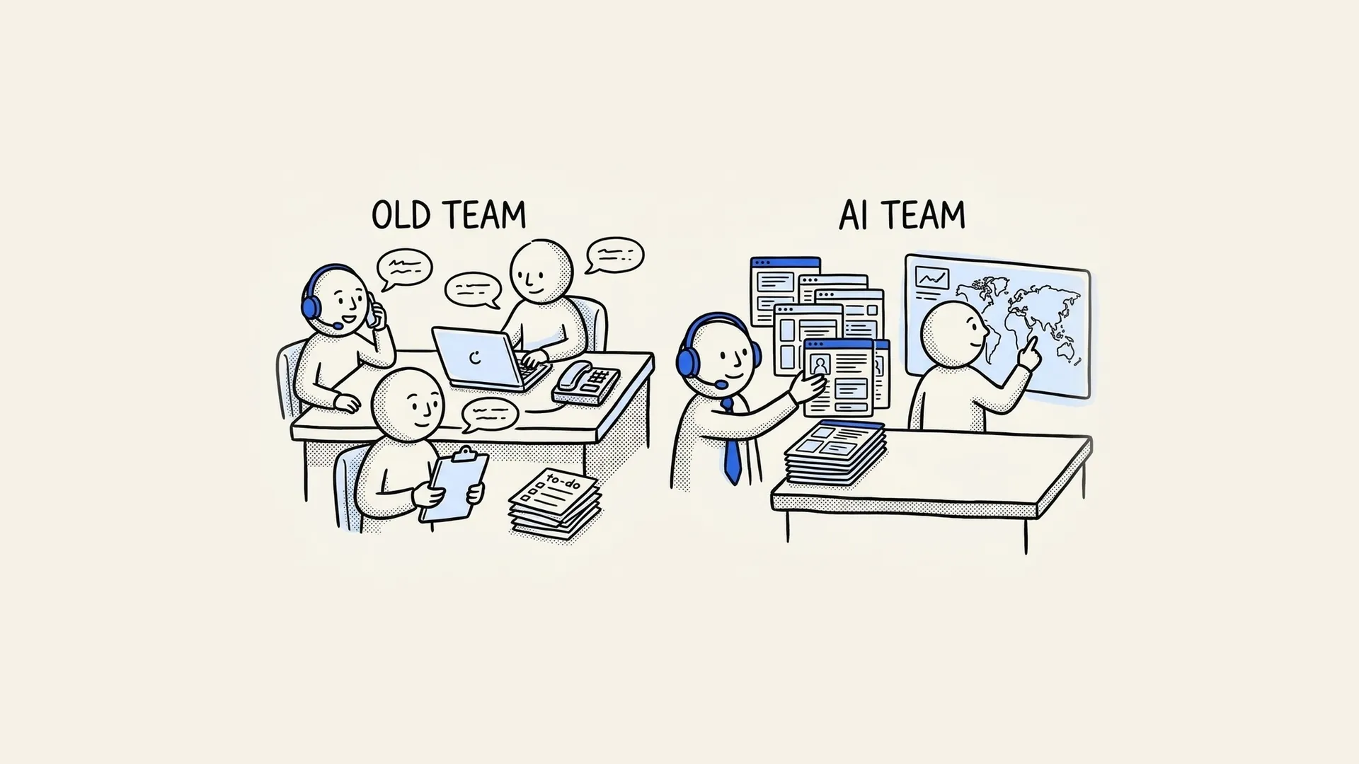 Hand-drawn illustration of an old sales team on phones and paperwork next to a new team working with AI tools and dashboards.