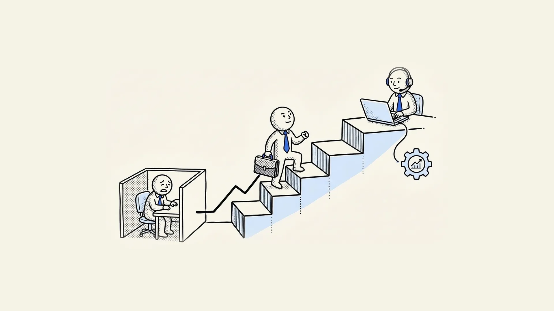 Hand-drawn sales professional with a briefcase climbing stairs from a cramped cubicle up to a remote role with a laptop and headset.