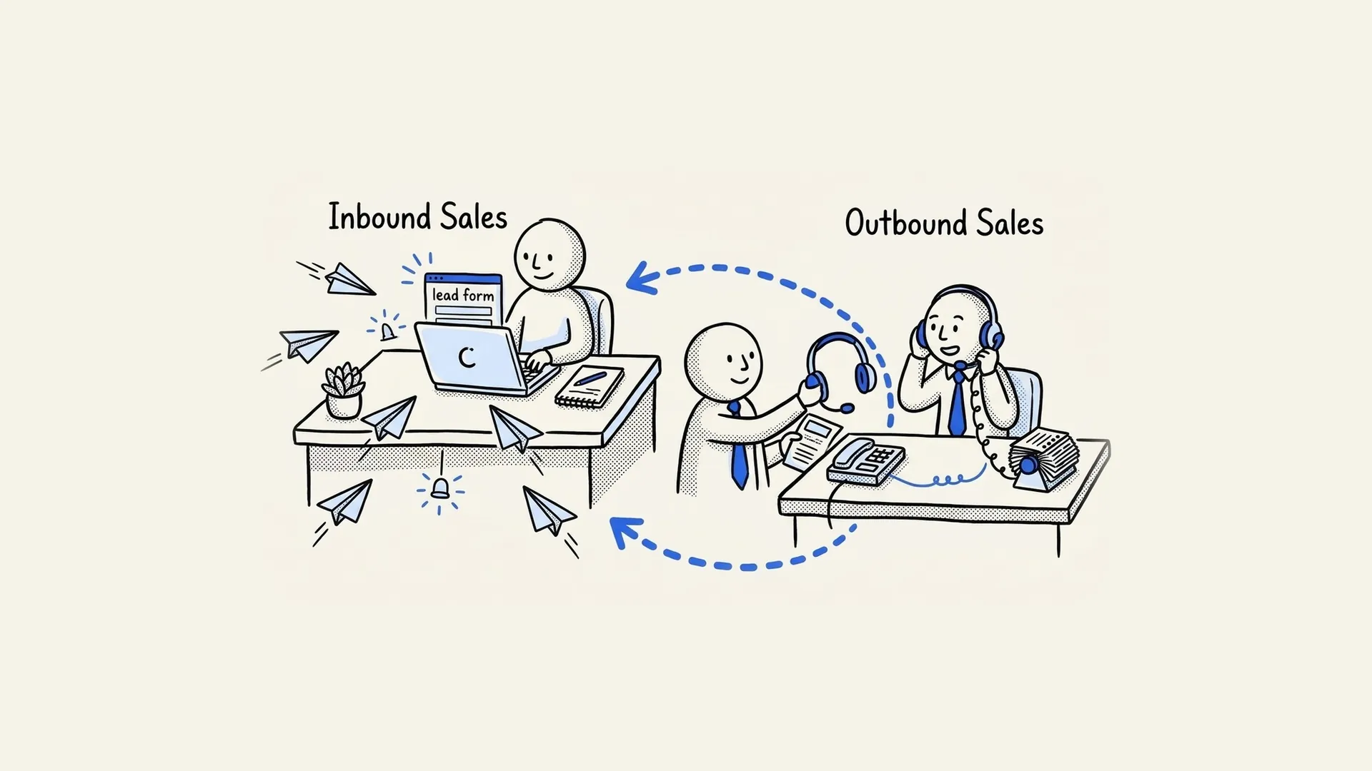 Hand-drawn comparison of inbound sales, with leads coming in through forms, and outbound sales reps calling prospects.