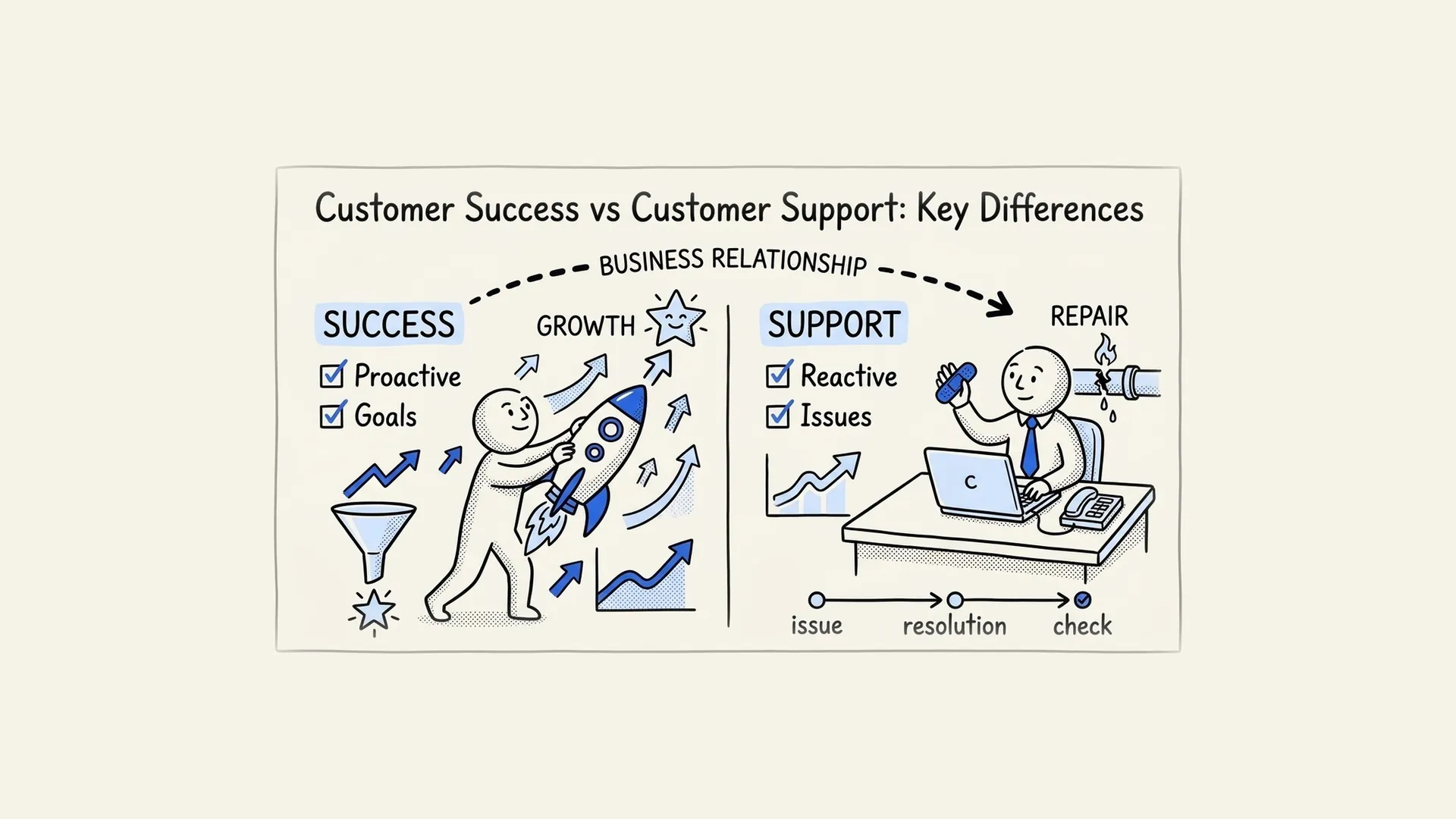 Hand-drawn diagram comparing customer success, focused on proactive growth and goals, with customer support, focused on fixing issues.