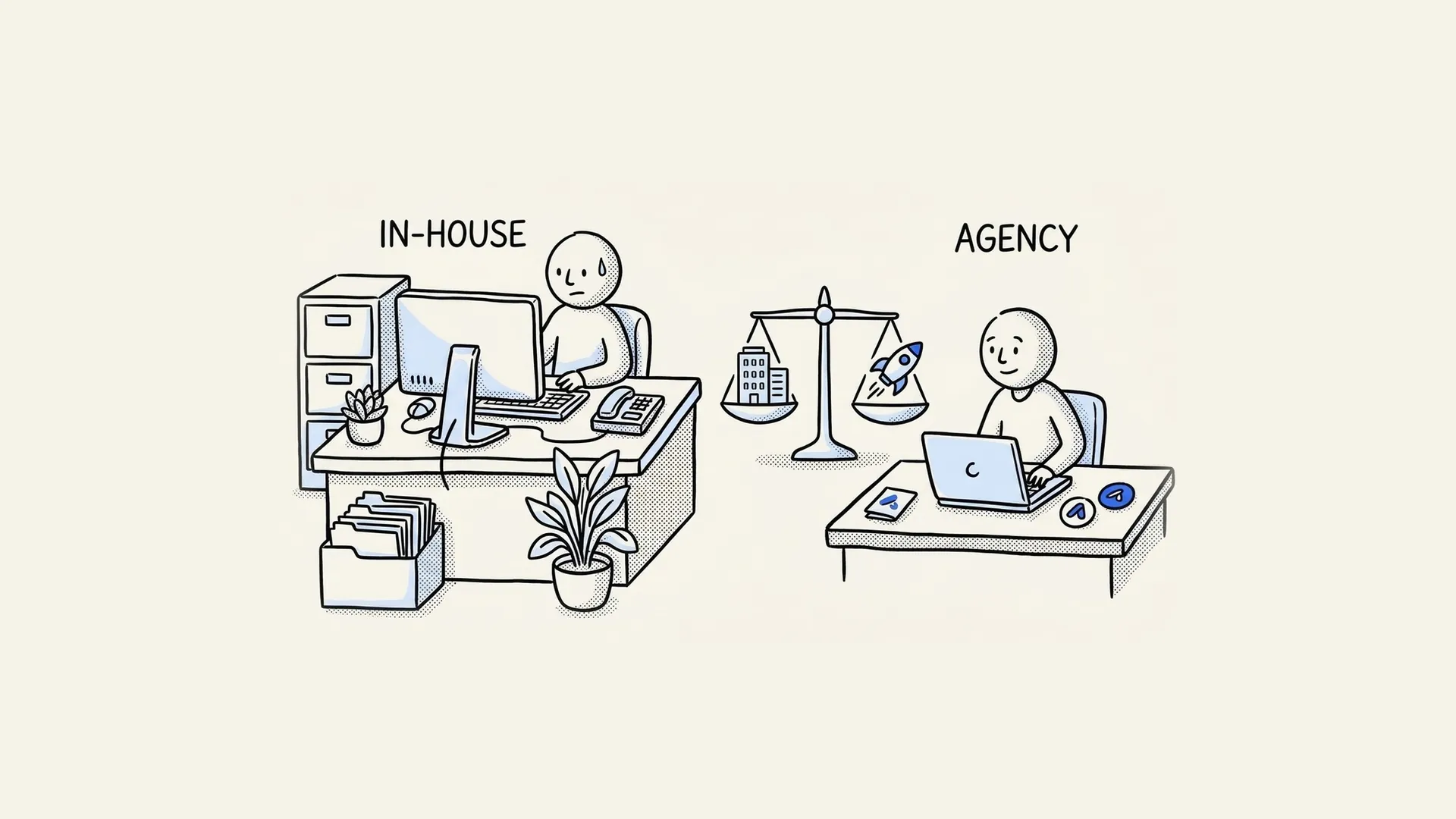 Hand-drawn comparison of an in-house SDR at a desk and an outsourced SDR agency, with a scale between them.