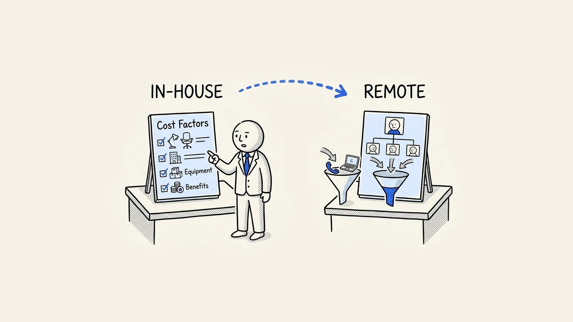 Hand-drawn illustration of in-house cost factors on a board next to a remote team organized through a funnel.