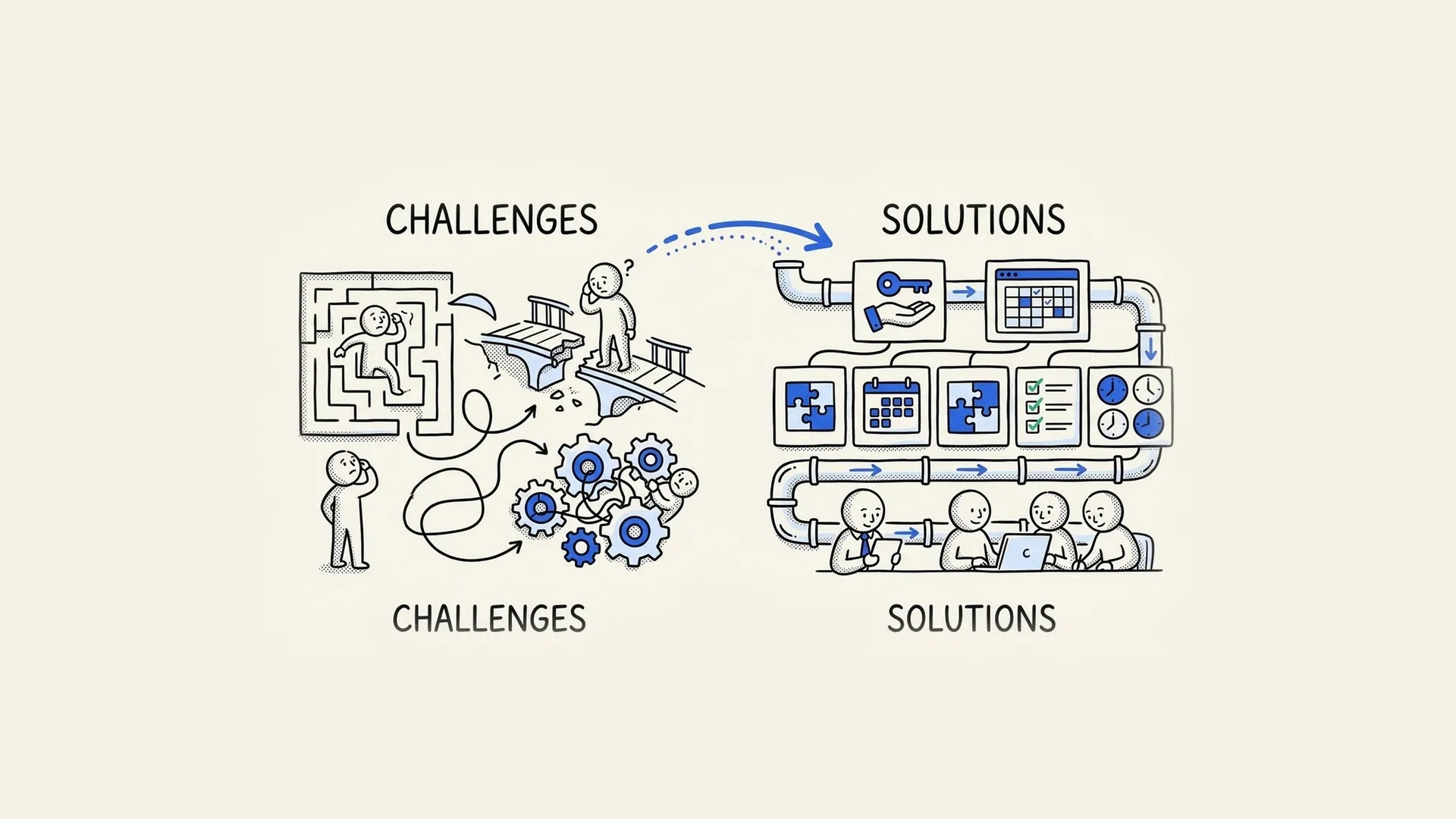 Hand-drawn illustration of tangled remote work challenges on one side and organized solutions on the other.