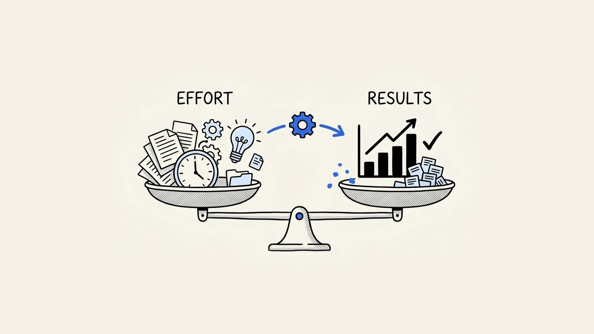 Hand-drawn scale weighing remote workers' effort against measurable results and growth.