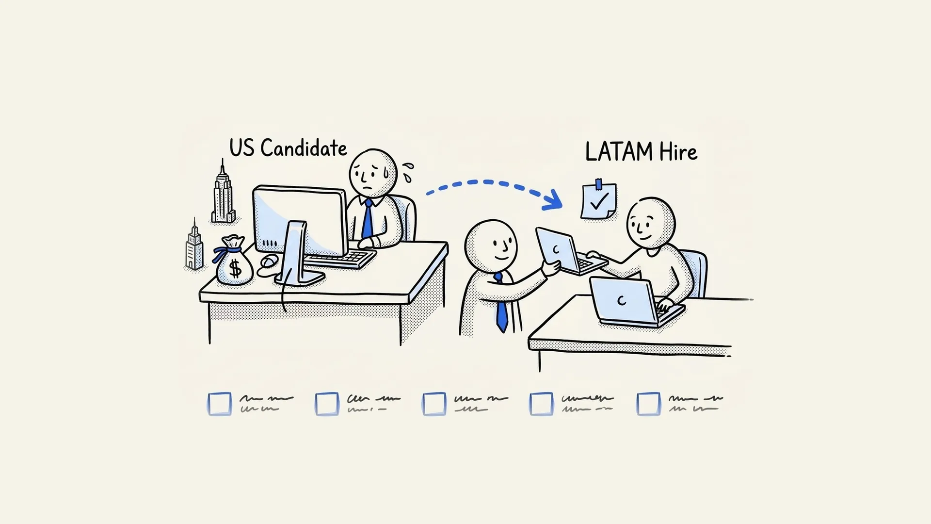 Hand-drawn illustration of a US candidate and a LATAM SDR hire at their desks, with a row of hiring steps below.
