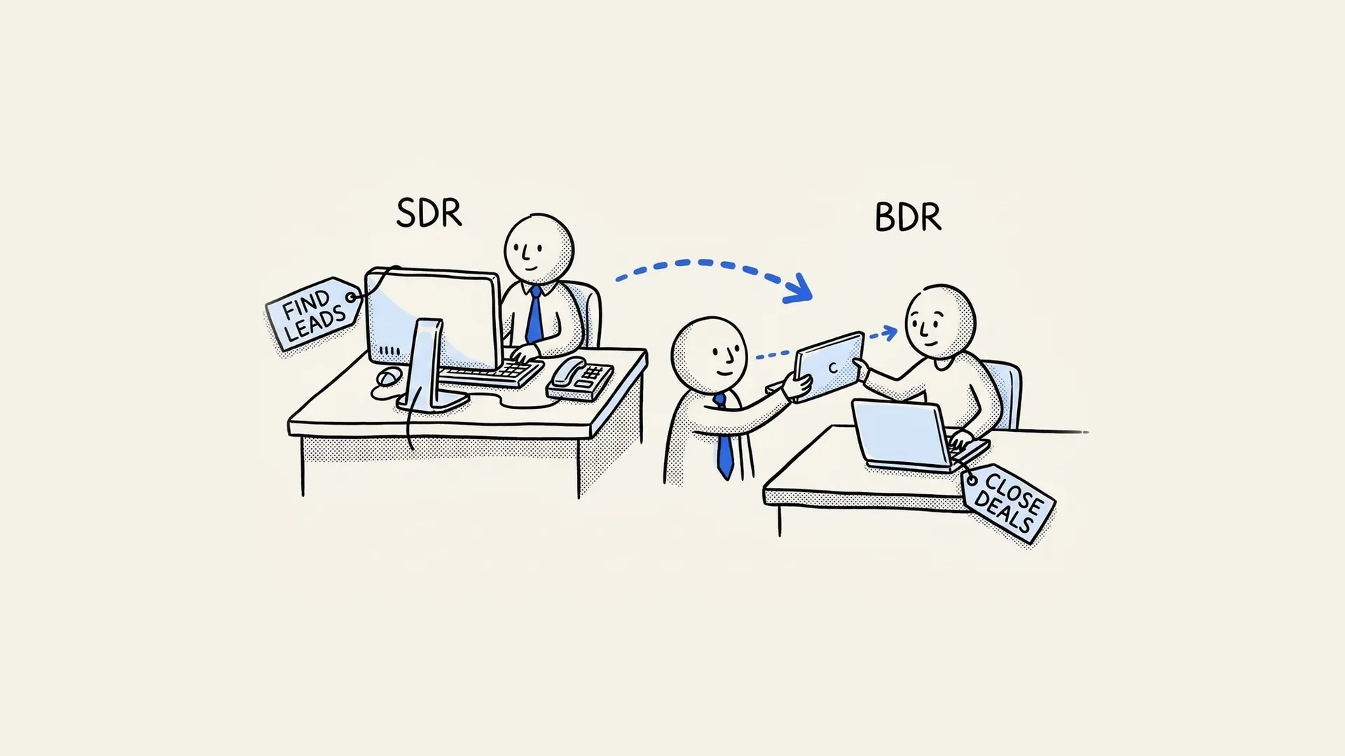 Hand-drawn illustration of an SDR finding leads and passing them to a BDR who closes deals.