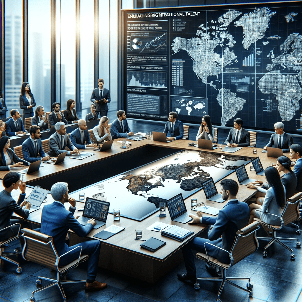 A group of people discussing strategies for engaging and hiring international talent, considering international, state and local taxes.