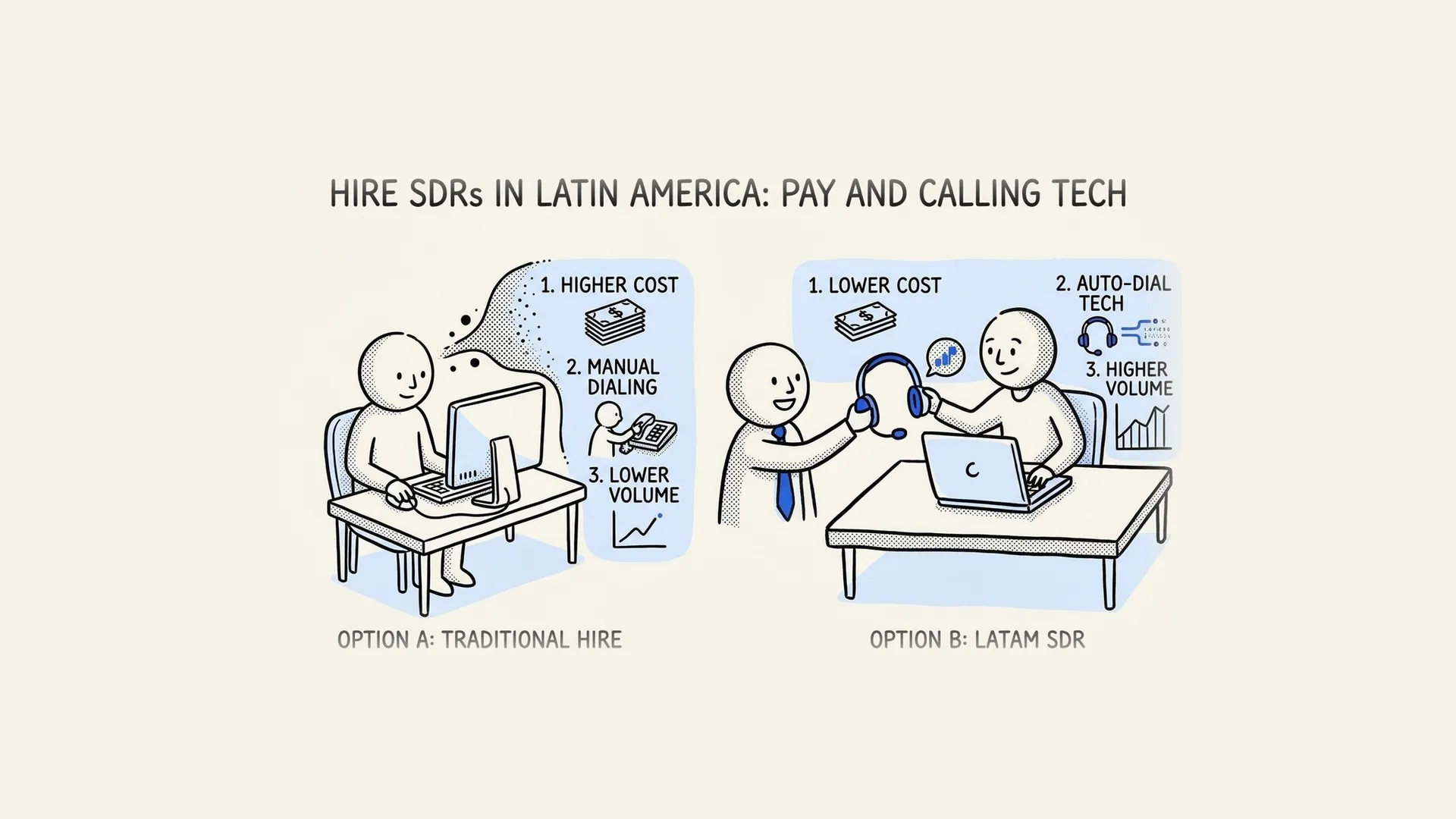 Hand-drawn comparison of a traditional SDR hire and a LATAM SDR with lower cost, auto-dial tech and higher call volume.