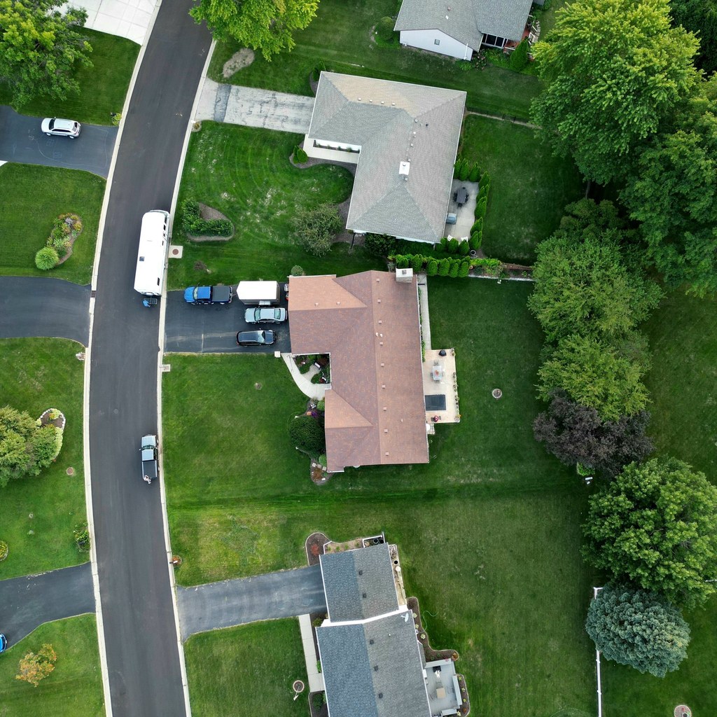 Aerial view of a residential street of single family homes