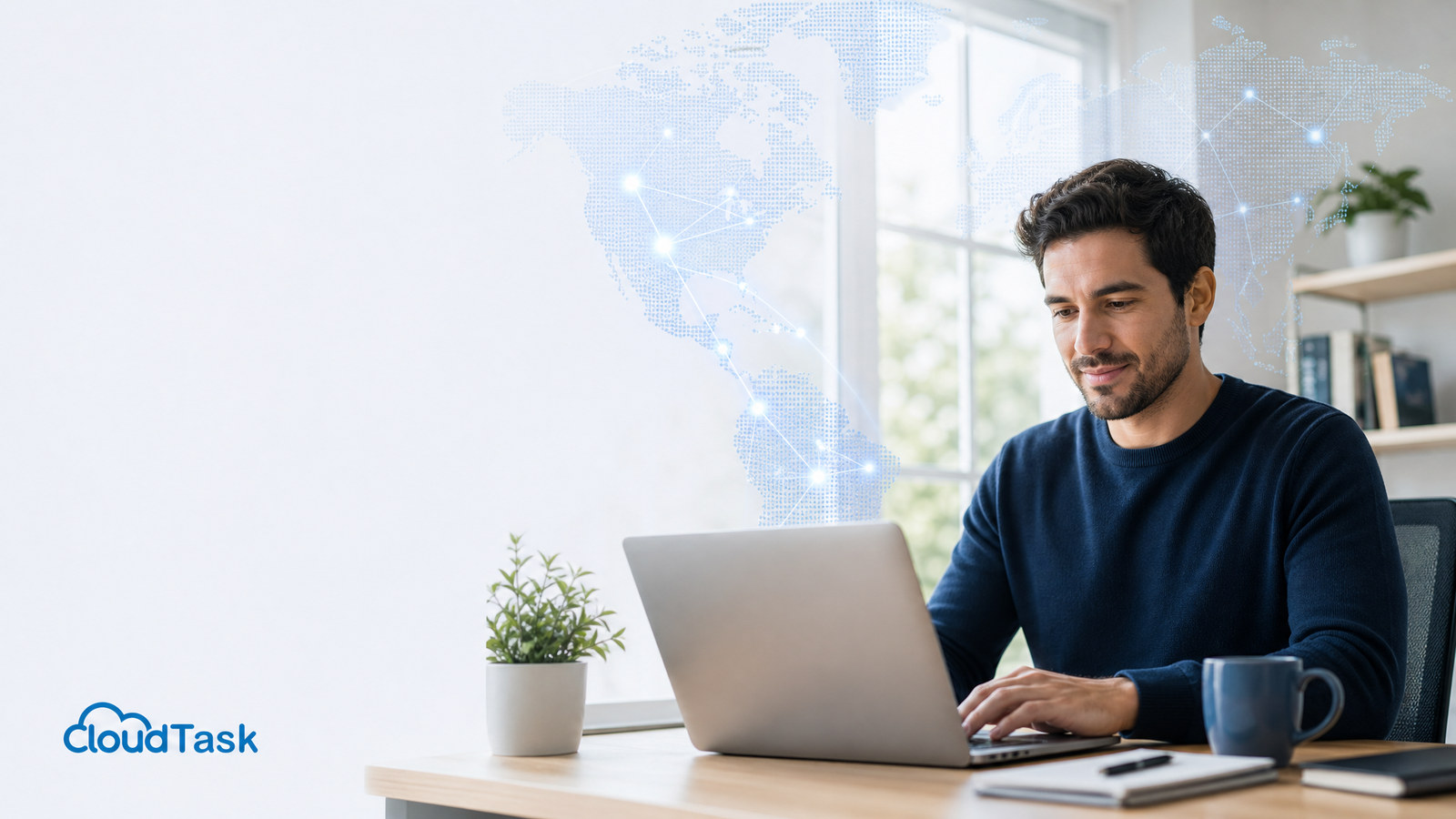 A founder-style professional works at a laptop with a glowing world map overlay symbolizing a remote talent marketplace connecting startups to global talent