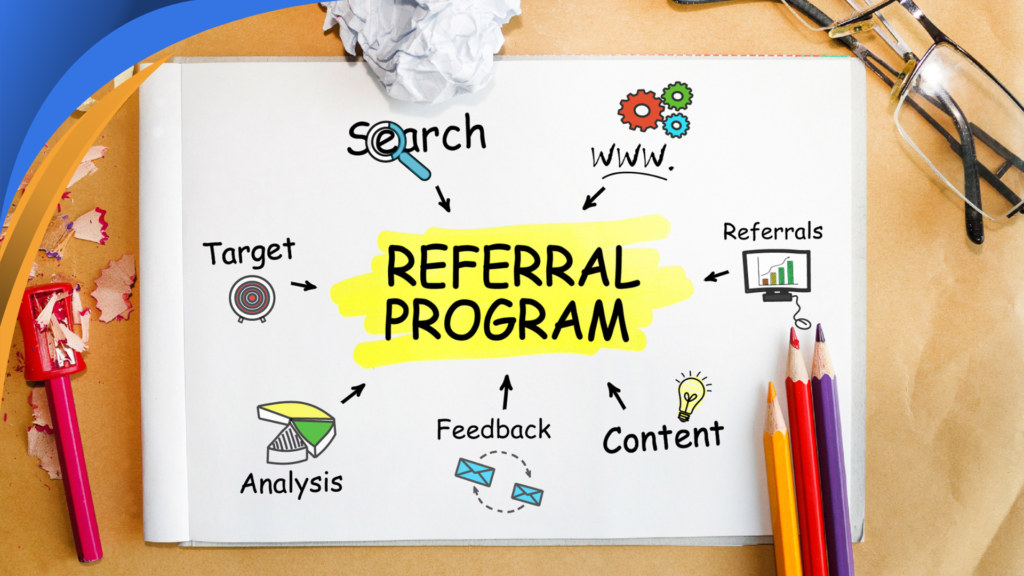 Notebook sketch of a referral program with search, target, feedback and content steps
