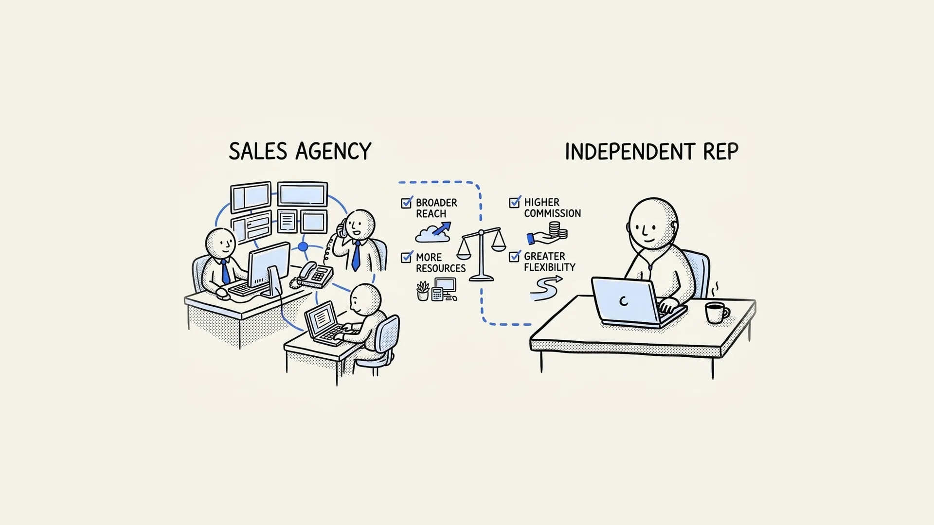 Hand-drawn comparison of a sales agency with broader reach and an independent sales rep with more flexibility.