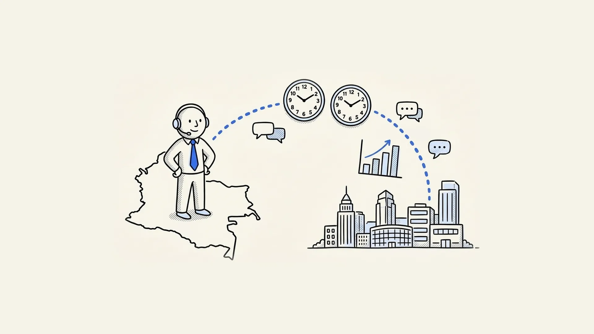 Hand-drawn Colombian sales rep with a headset standing on a map of Colombia, connected to a US tech office in the same time zone.