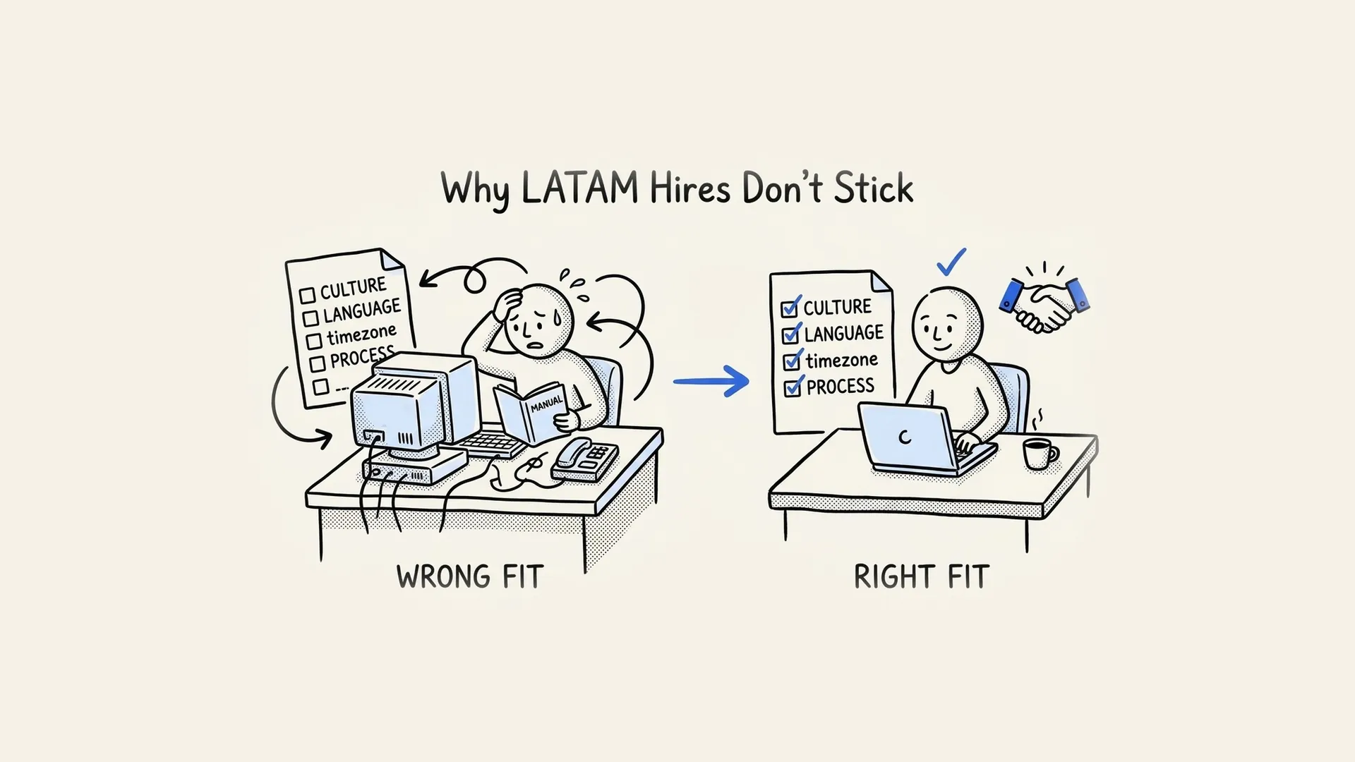 Hand-drawn contrast between a wrong-fit LATAM hire missing culture, language and process, and a right fit who stays.