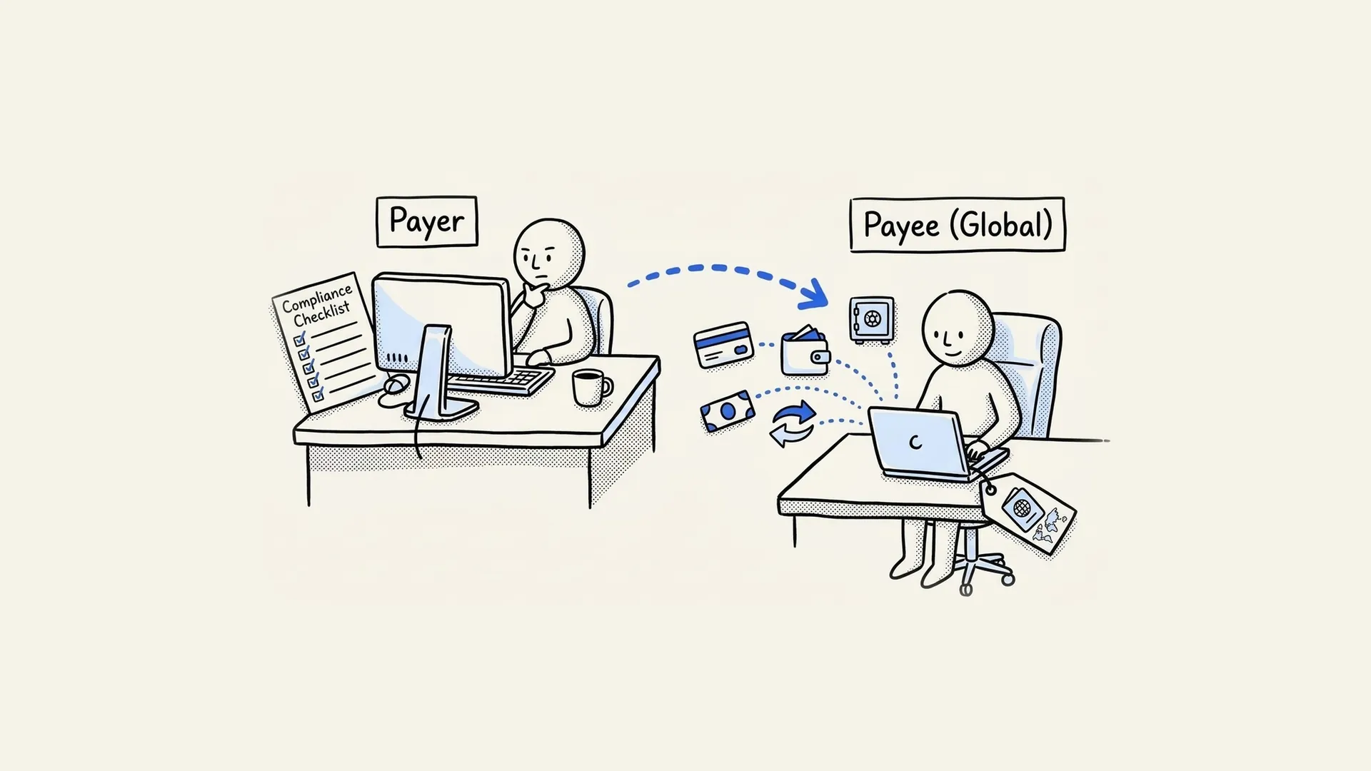 Hand-drawn illustration of a company paying a remote worker abroad through cards, transfers and digital wallets.
