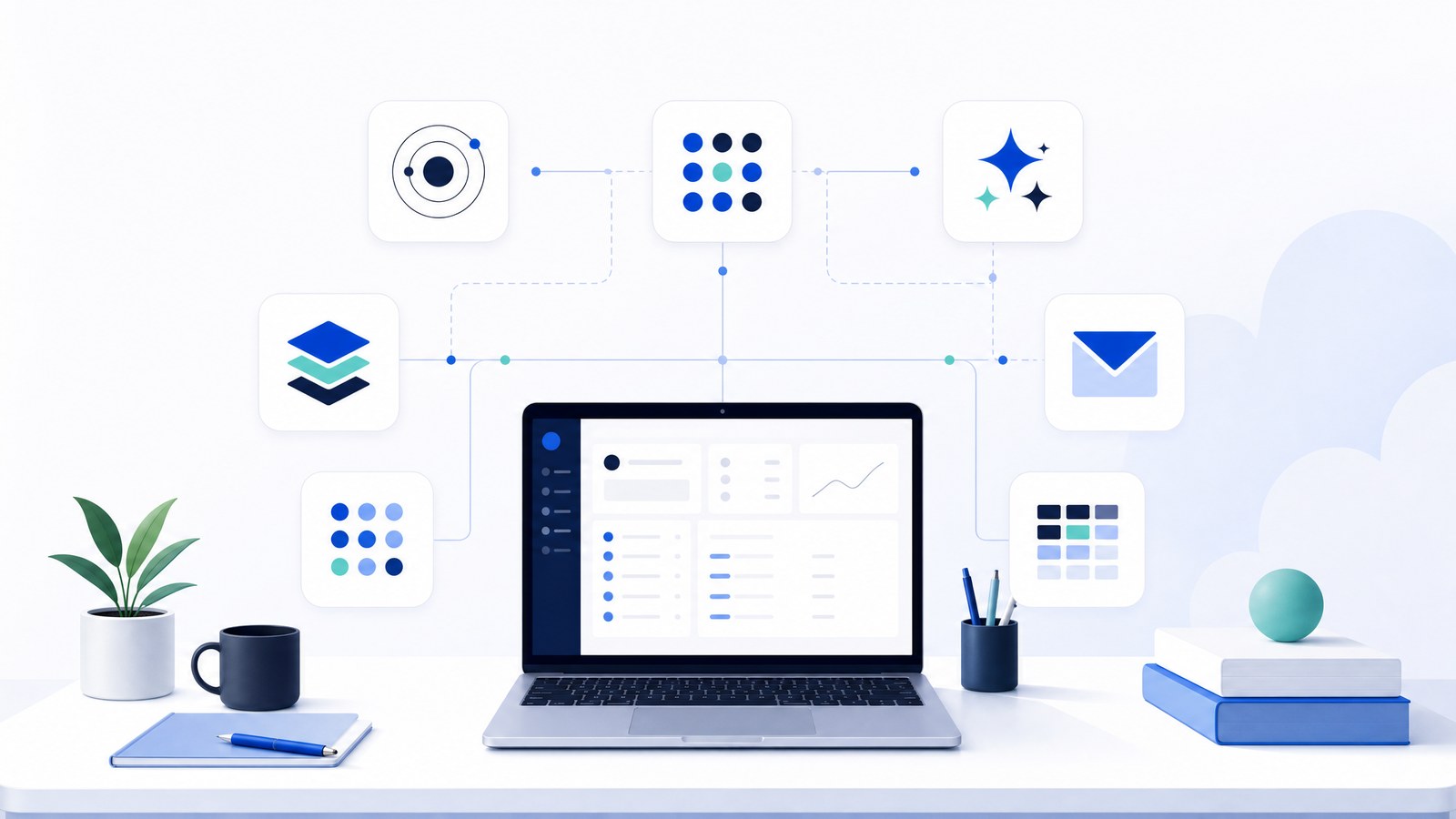 A laptop on a clean desk showing a CRM dashboard, surrounded by generic app tiles for a contact database, an AI assistant, data enrichment, email sending, and a spreadsheet database, linked by workflow lines