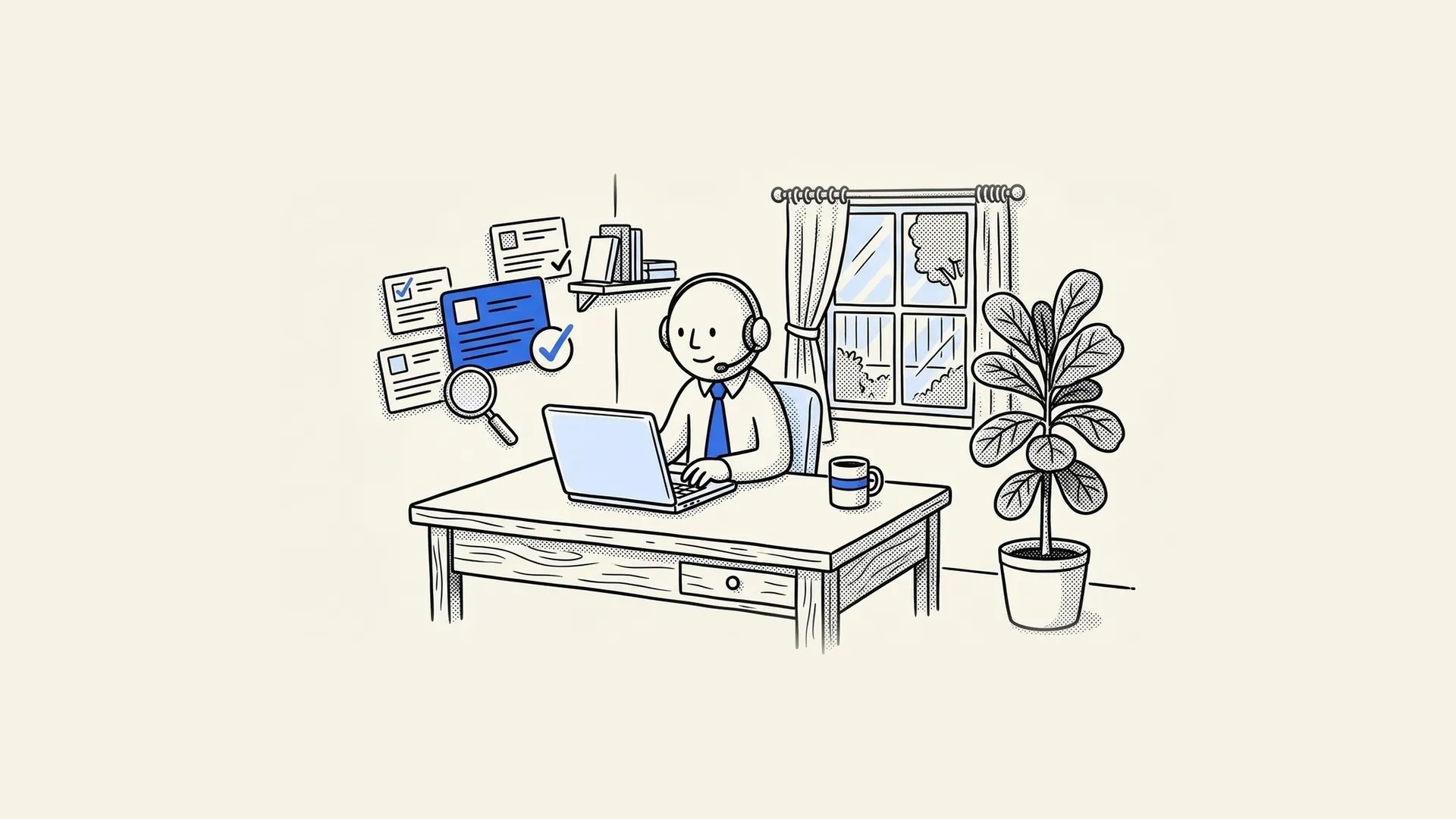 Hand-drawn sales professional with a headset working from a home office, browsing remote job listings with a magnifying glass.