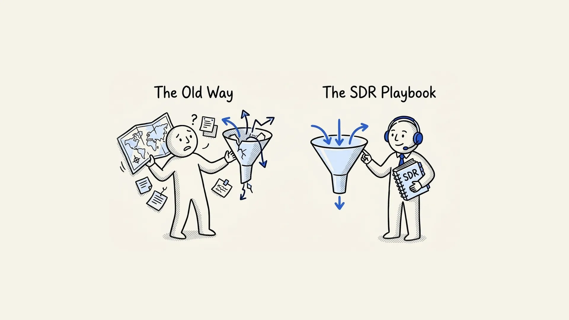 Hand-drawn contrast between a confused rep juggling scattered tactics and an SDR following a clear playbook and funnel.