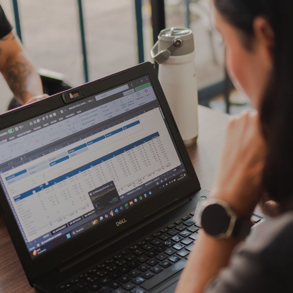 An analyst reviewing a spreadsheet of business data on a laptop