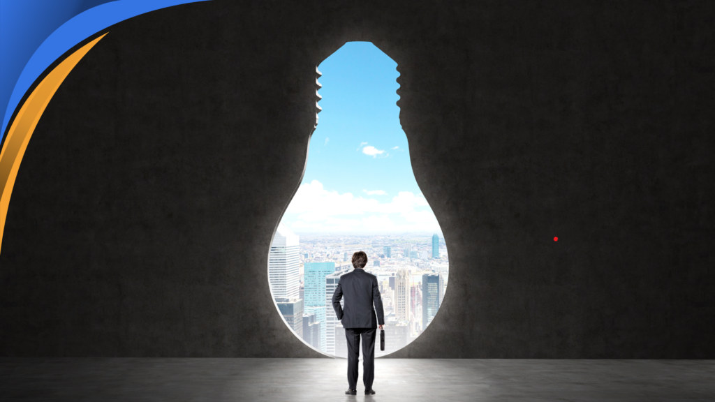Businessman standing in a lightbulb-shaped opening that looks out on a city skyline