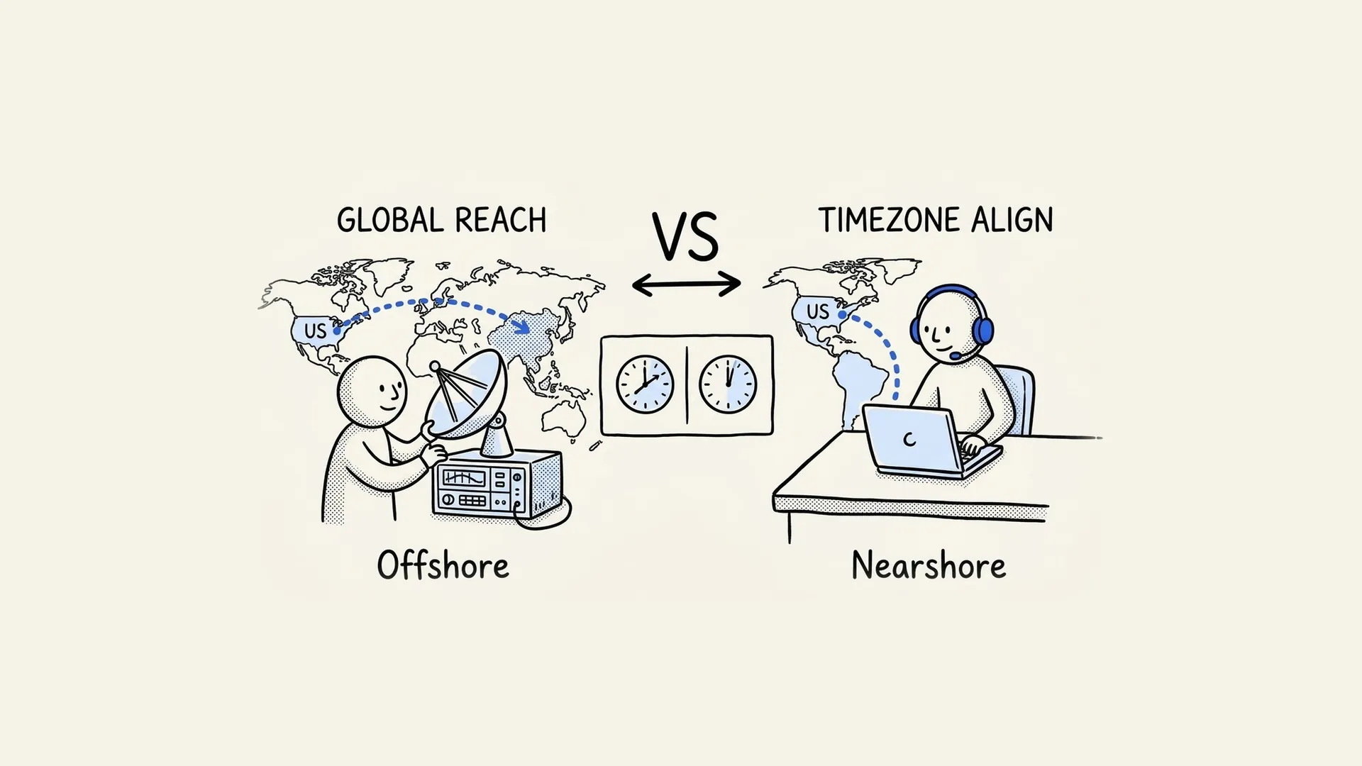 Hand-drawn comparison of offshore hiring with global reach and nearshore hiring with aligned time zones.