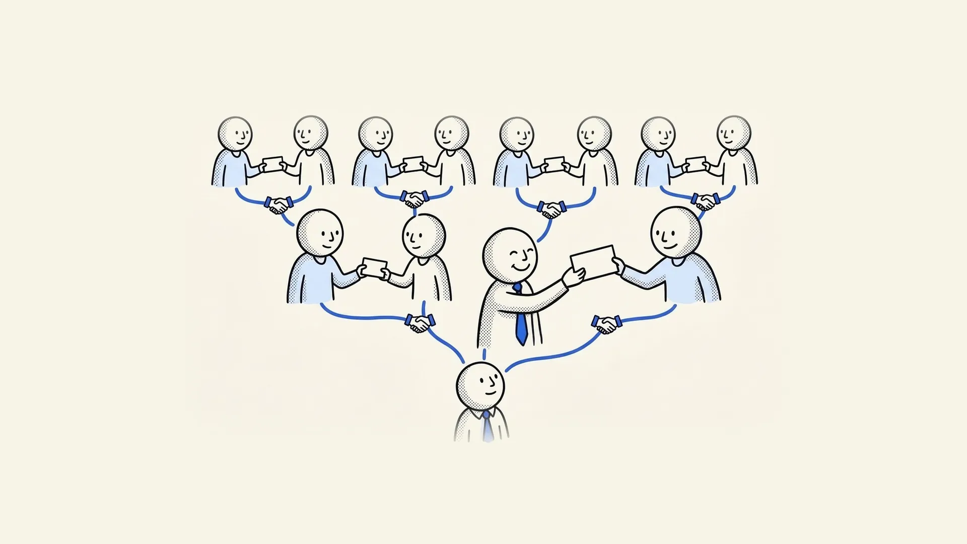 Hand-drawn referral network growing like a tree, with clients passing referral cards to new people connected by handshakes.