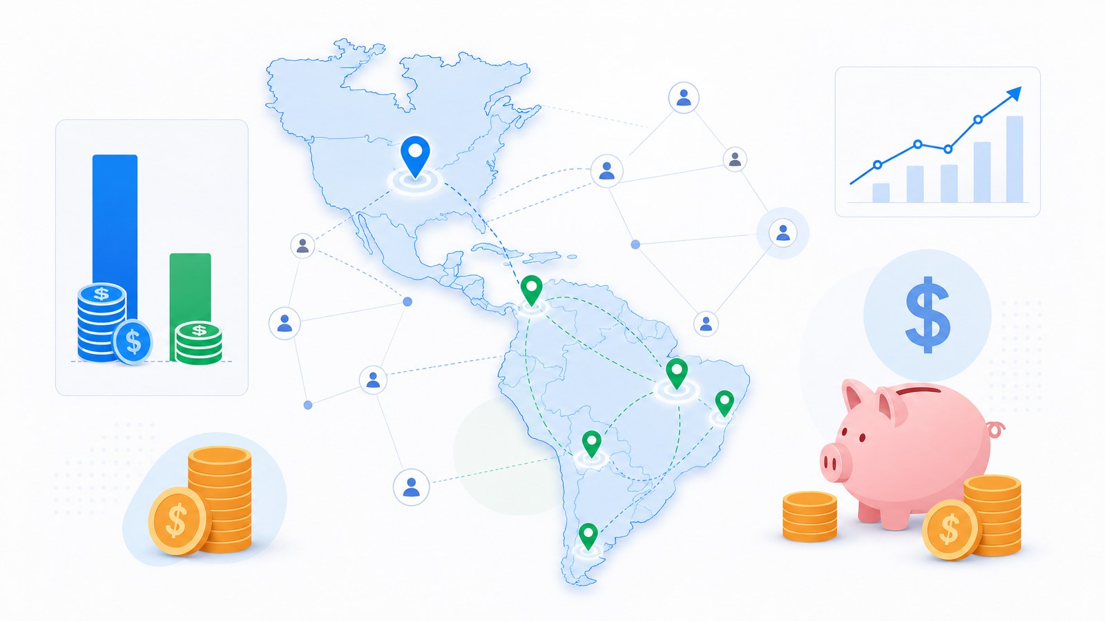 Map of the Americas showing US-to-LATAM hiring connections with cost comparison charts and savings icons