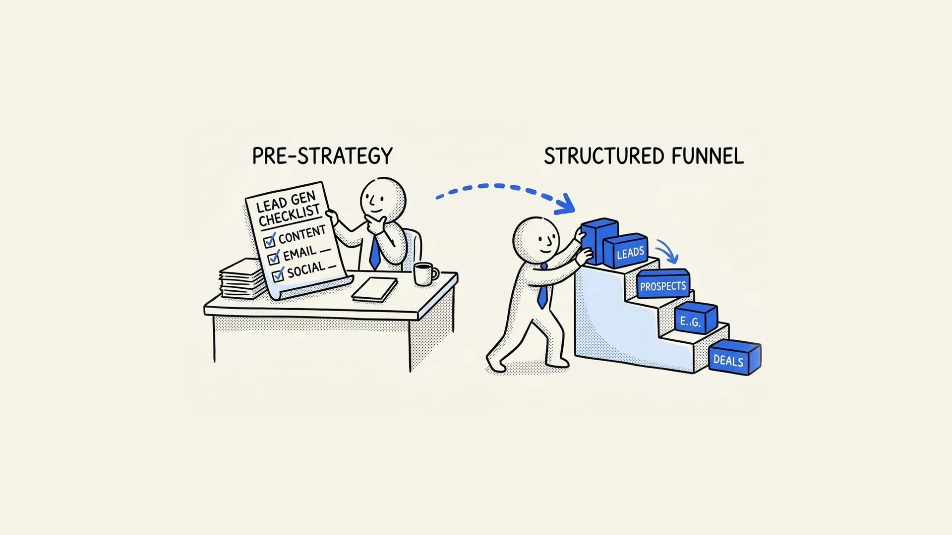 Hand-drawn illustration of a lead generation checklist turning into a structured funnel of leads, prospects and deals.